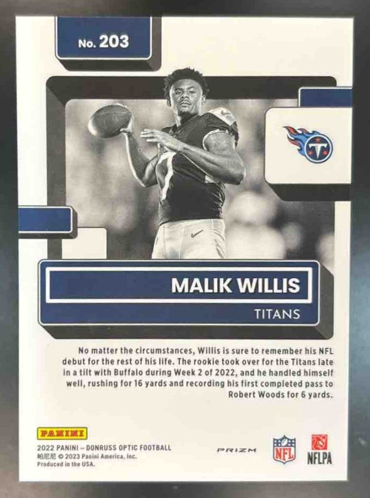 2022 Donruss Optic Malik Willis Holo Variation #203 RC Tennessee Titans - Sports Cards