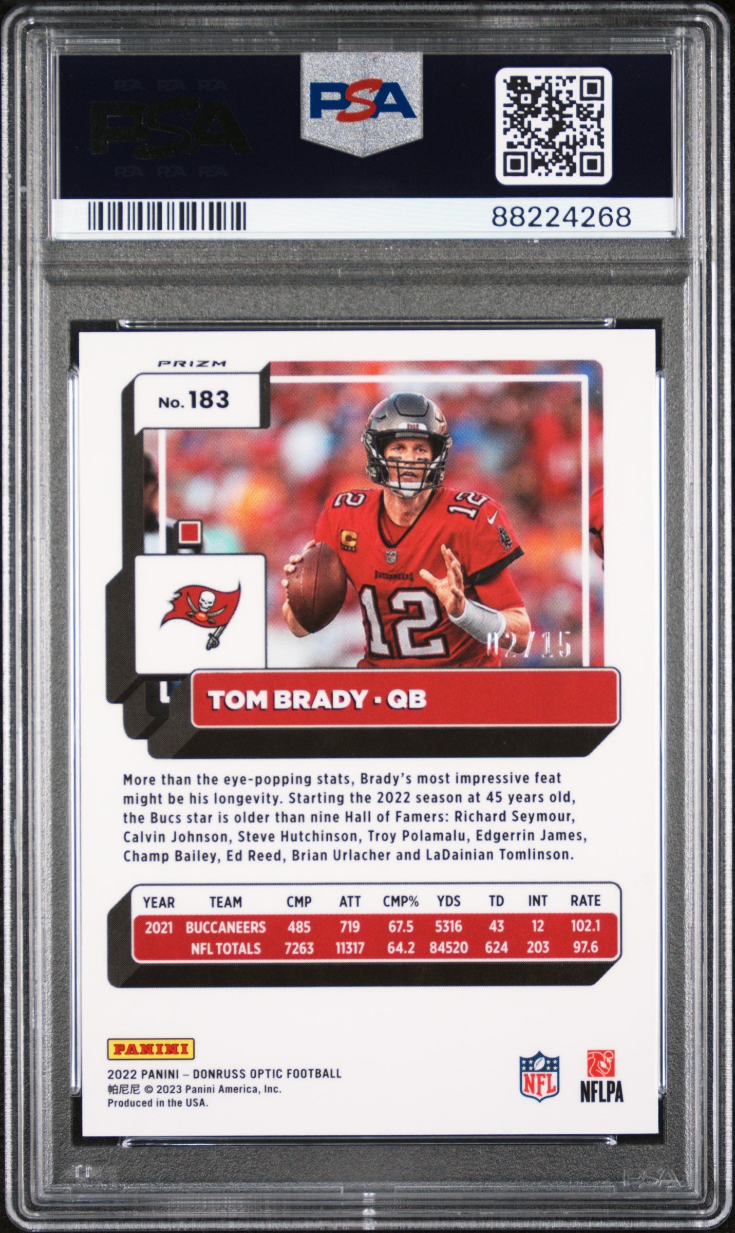2022 Donruss Optic Tom Brady Ice 02/15 #183 PSA 10 GEM MINT Tampa Bay Buccaneers - Graded Sports Cards