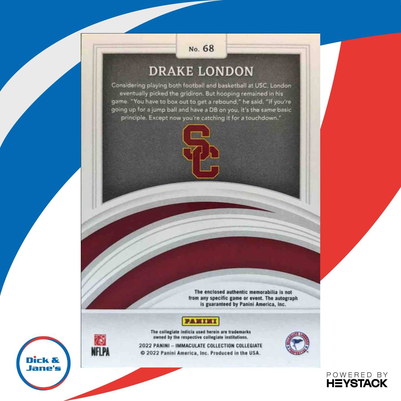 2022 Immaculate Collection Collegiate Drake London Gold /25 MEM Auto RC Trojans - Sports Cards