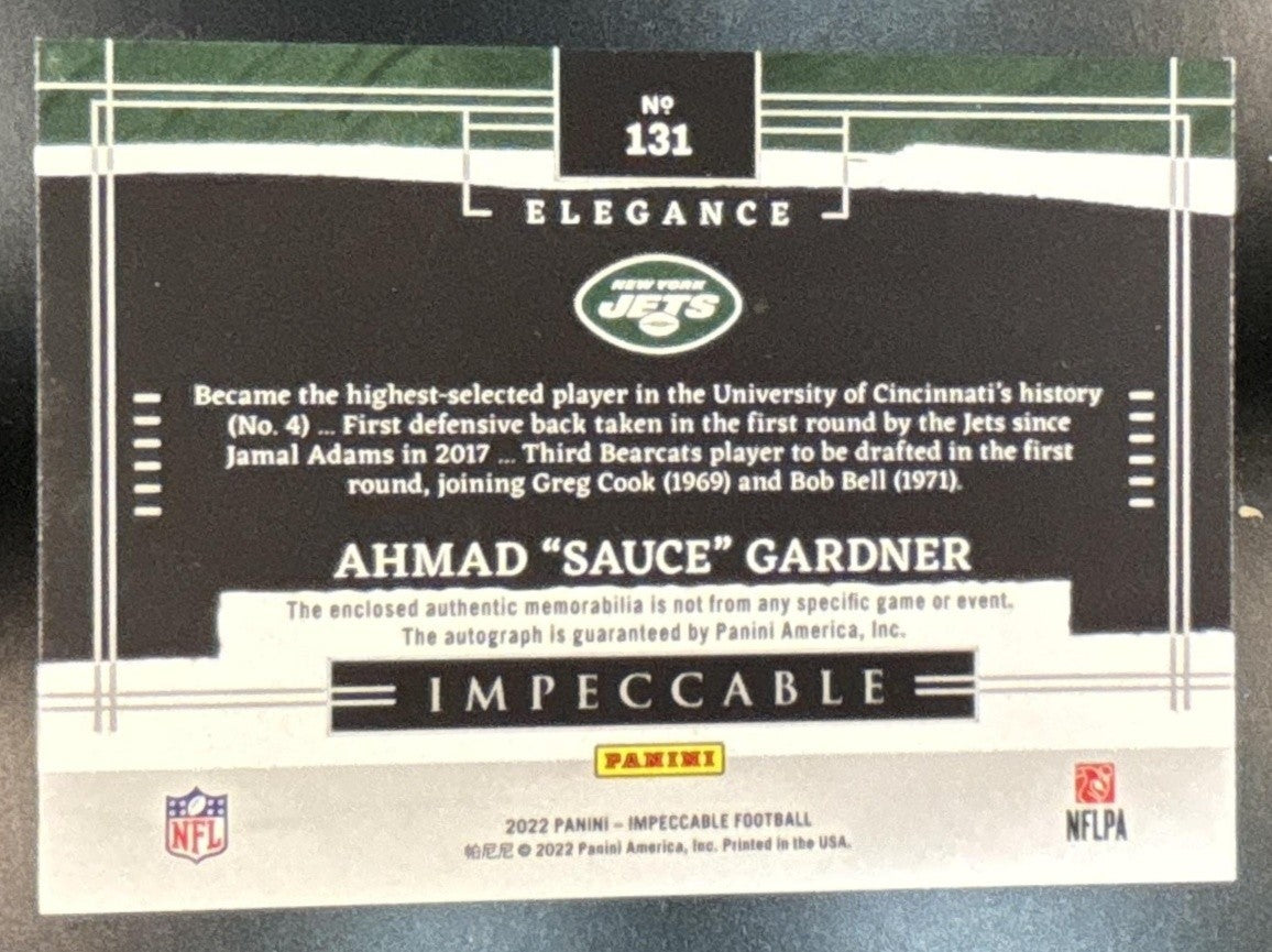 2022 Impeccable Ahmad ’Sauce’ Gardner Elegance Helmet and Nameplate Auto /35 RC - Sports Cards
