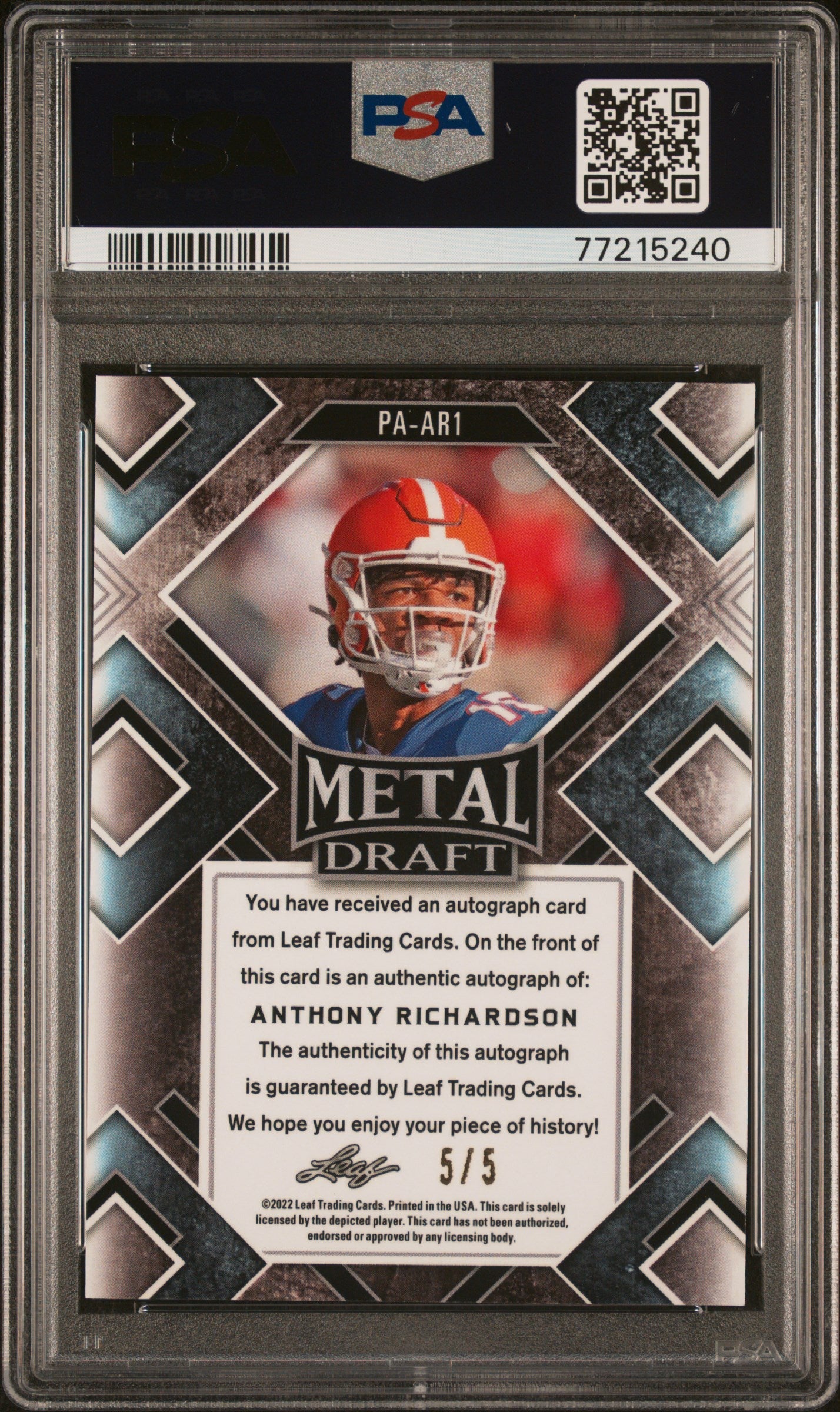 2022 Leaf Metal Draft Portrait Anthony Richardson Auto Green Crystal 5/5 PSA 9 - Graded Sports Cards