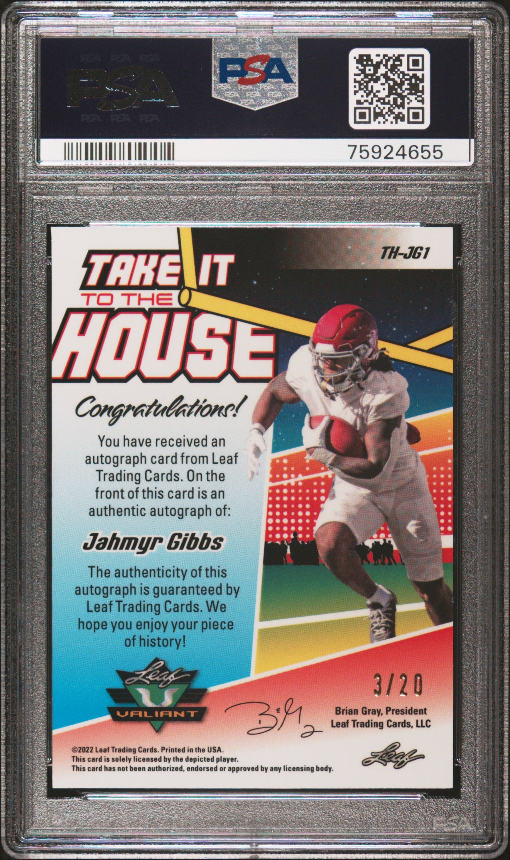 2022 Leaf Valiant Take It To The House Auto Jahmyr Gibbs Navy Blue/20 PSA 10 GEM - Graded Sports Cards