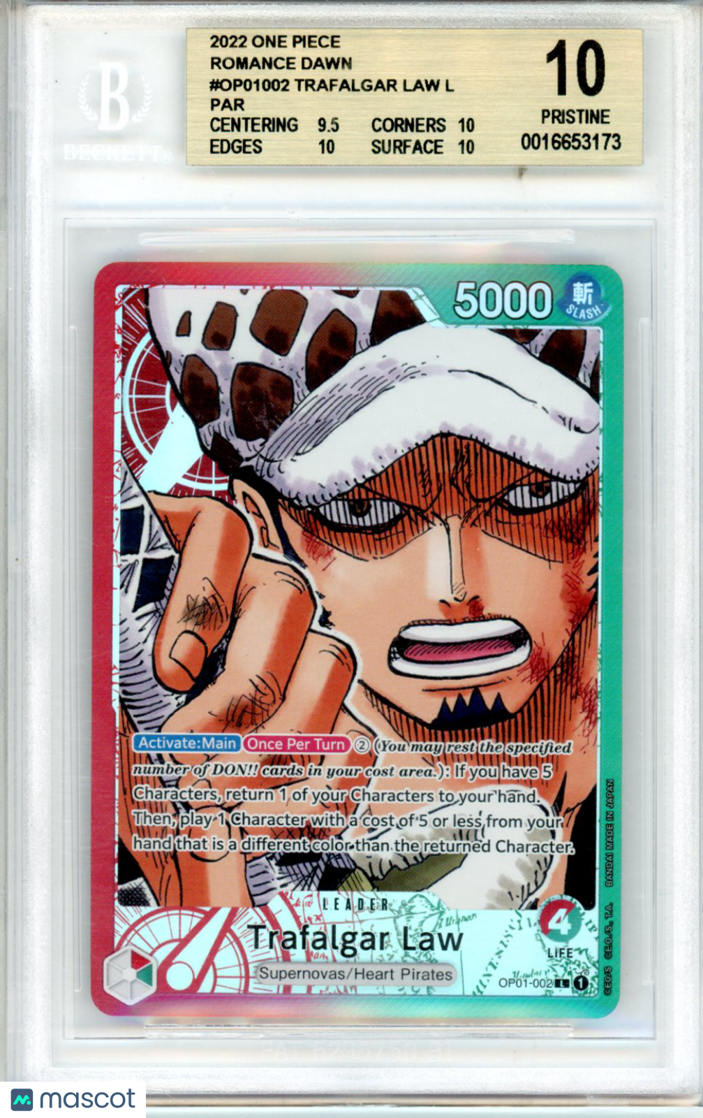 2022 One Piece OP01-Romance Dawn Trafalgar Law Alt Art PRE-ERRATA ALPHA BGS 10 - Graded TCG/CCG