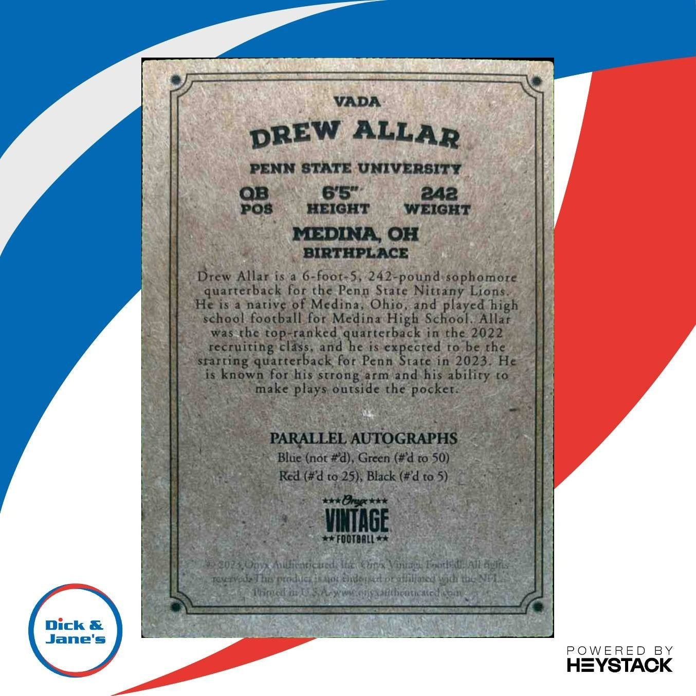 2022 Onyx Vintage College Drew Allar Green Signature Auto Penn State Lions - Sports Cards