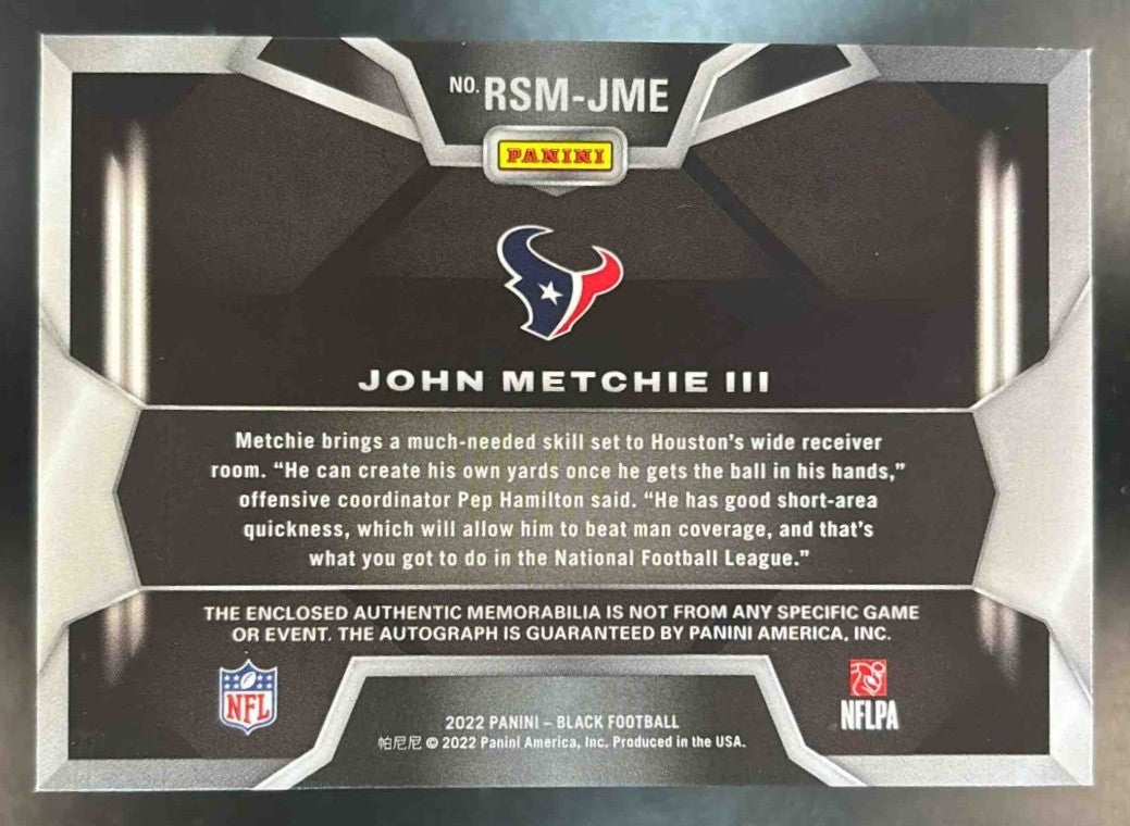 2022 Panini Black John Metchie III Dual Patch Auto /15 MEM RC Houston Texans - Sports Cards