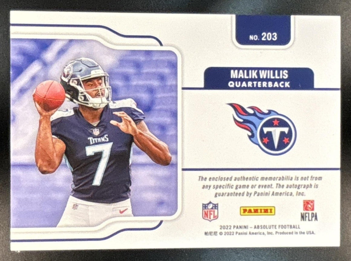 2022 Panini Certified Malik Willis /199 MEM Auto RC Freshman Fabric Titans - Sports Cards