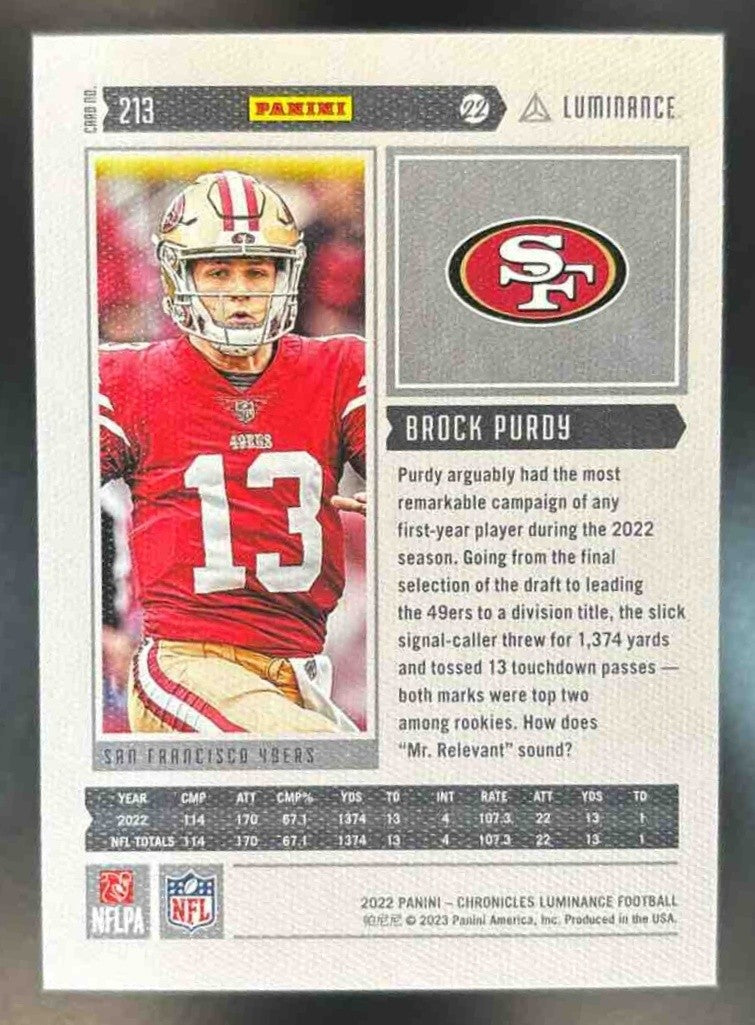 2022 Panini Chronicles Brock Purdy Luminance Update Rookies Bronze #213 RC 49ers - Sports Cards