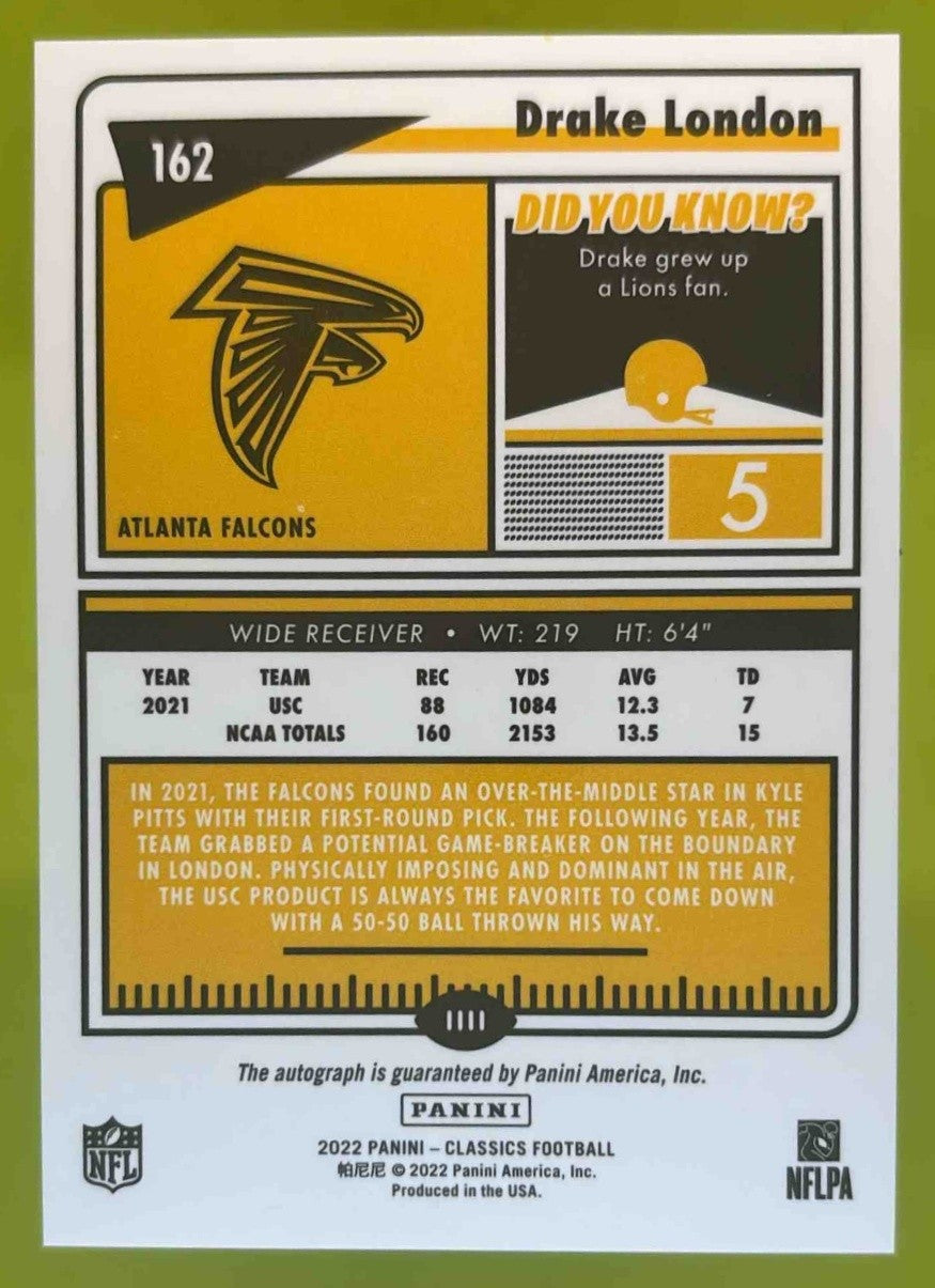 2022 Panini Classics Drake London Premium Edition Signatures #162 RC Auto - Sports Cards