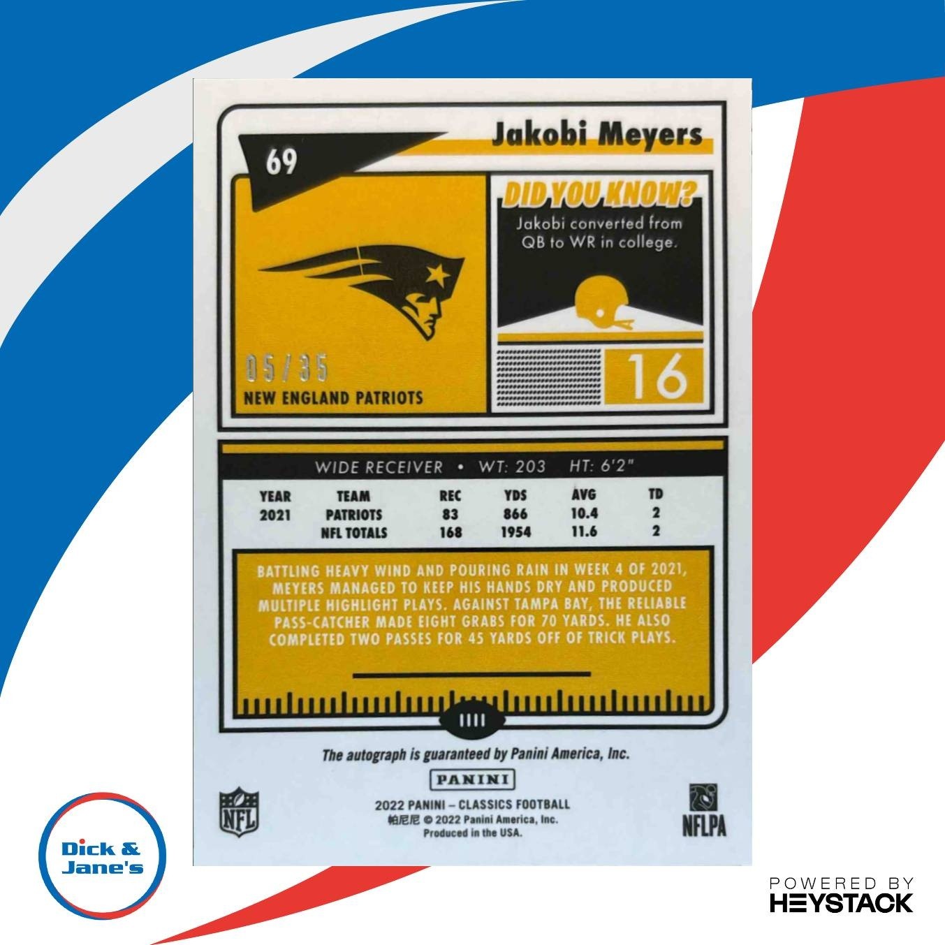 2022 Panini Classics Jakobi Meyers Significant Signatures Gold /35 #69 Patriots - Sports Cards