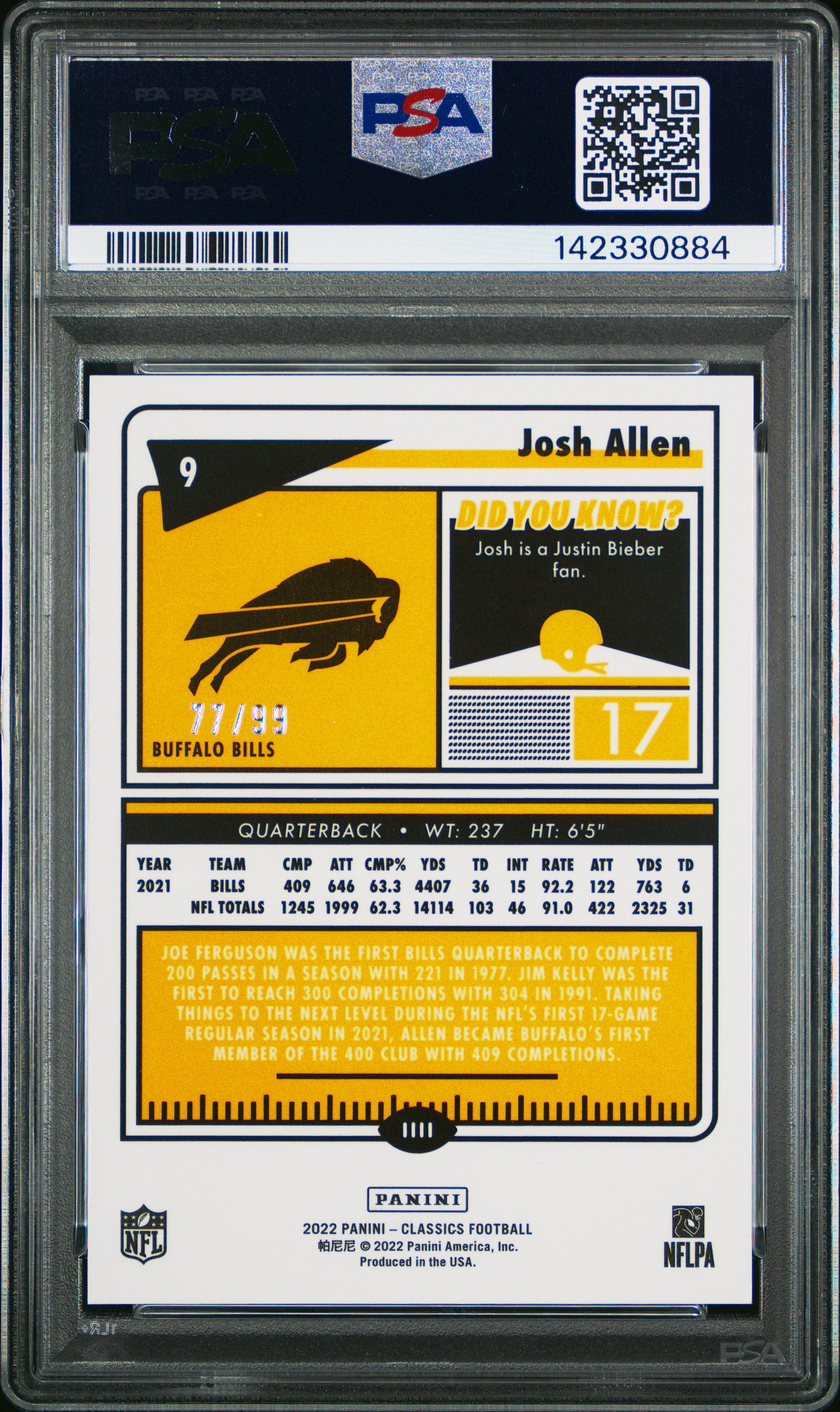 2022 Panini Classics Josh Allen Prem. Ed. H2 Gold 77/99 #9 PSA 10 GEM MINT - Graded Sports Cards