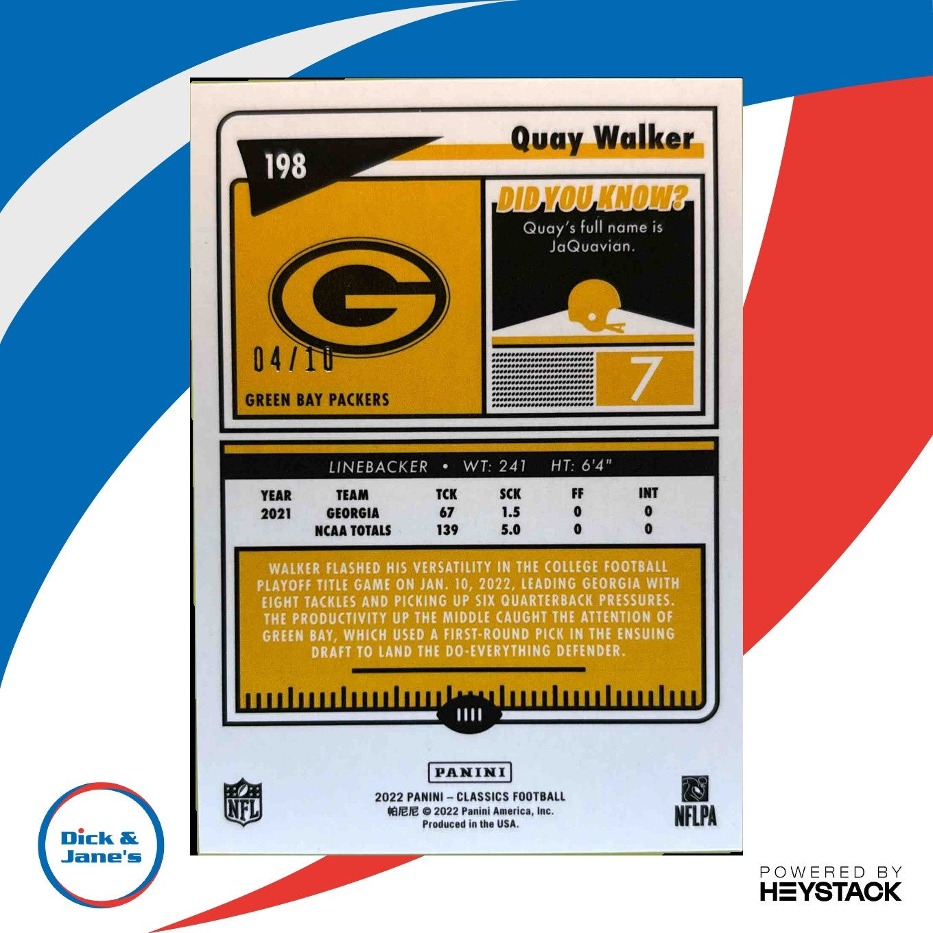 2022 Panini Classics Quay Walker H2 Premium Edition Timeless Tributes Orange /10 - Sports Cards