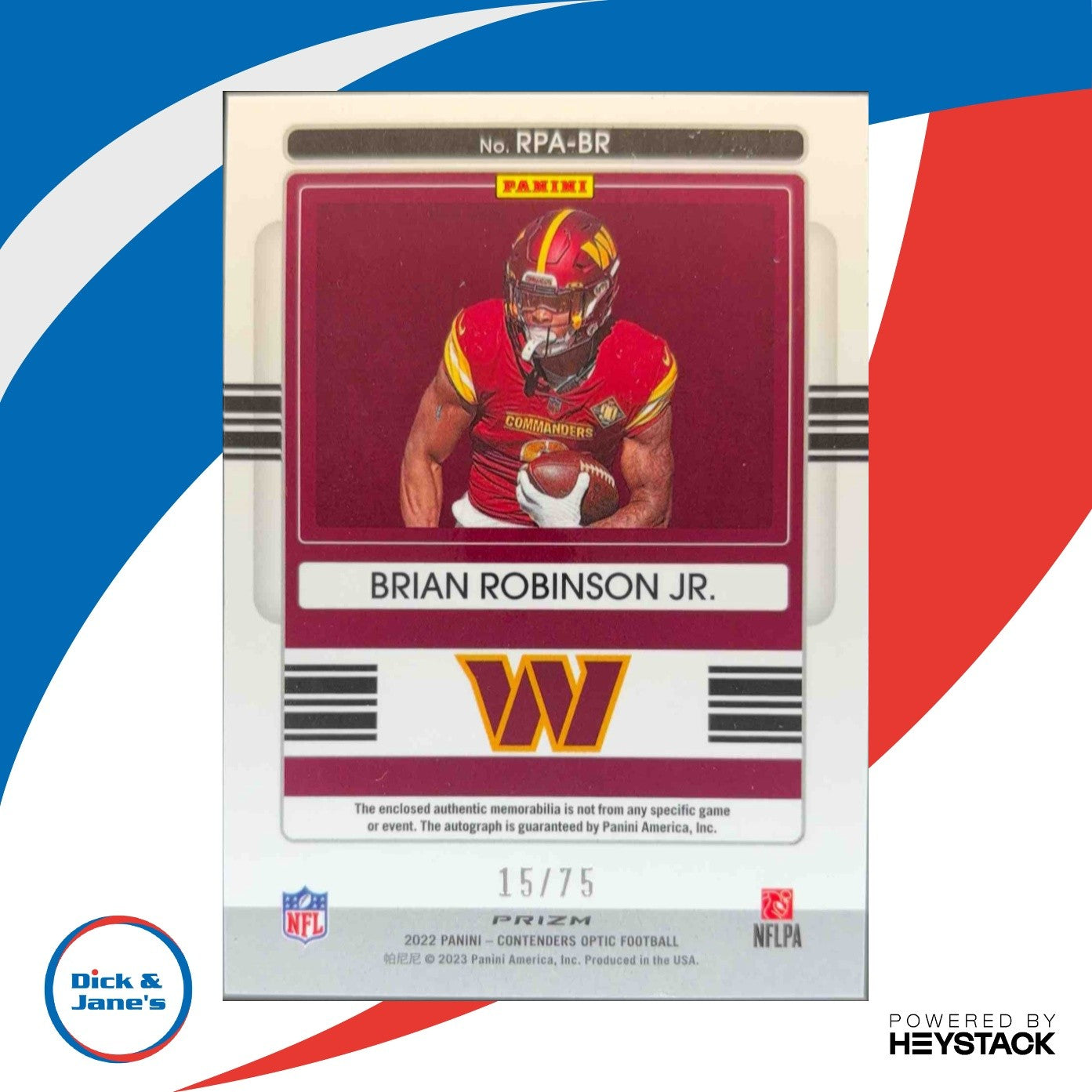 2022 Panini Contenders Optic Brian Robinson Jr. Rookie Patch Auto 15/75 - Sports Cards