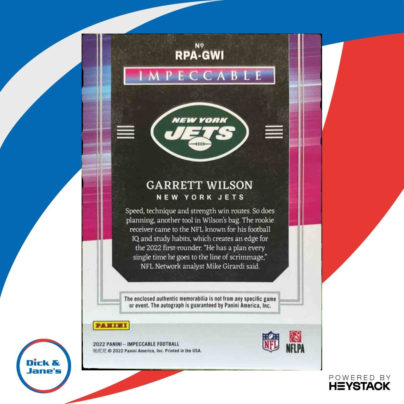 2022 Panini Impeccable Garrett Wilson Rookie Patch Autos 93/99 RC New York Jets - Sports Cards