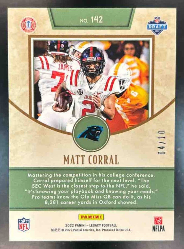 2022 Panini Legacy Matt Corral Premium Mini Yellow Diamond /10 #142 RC Panthers - Sports Cards