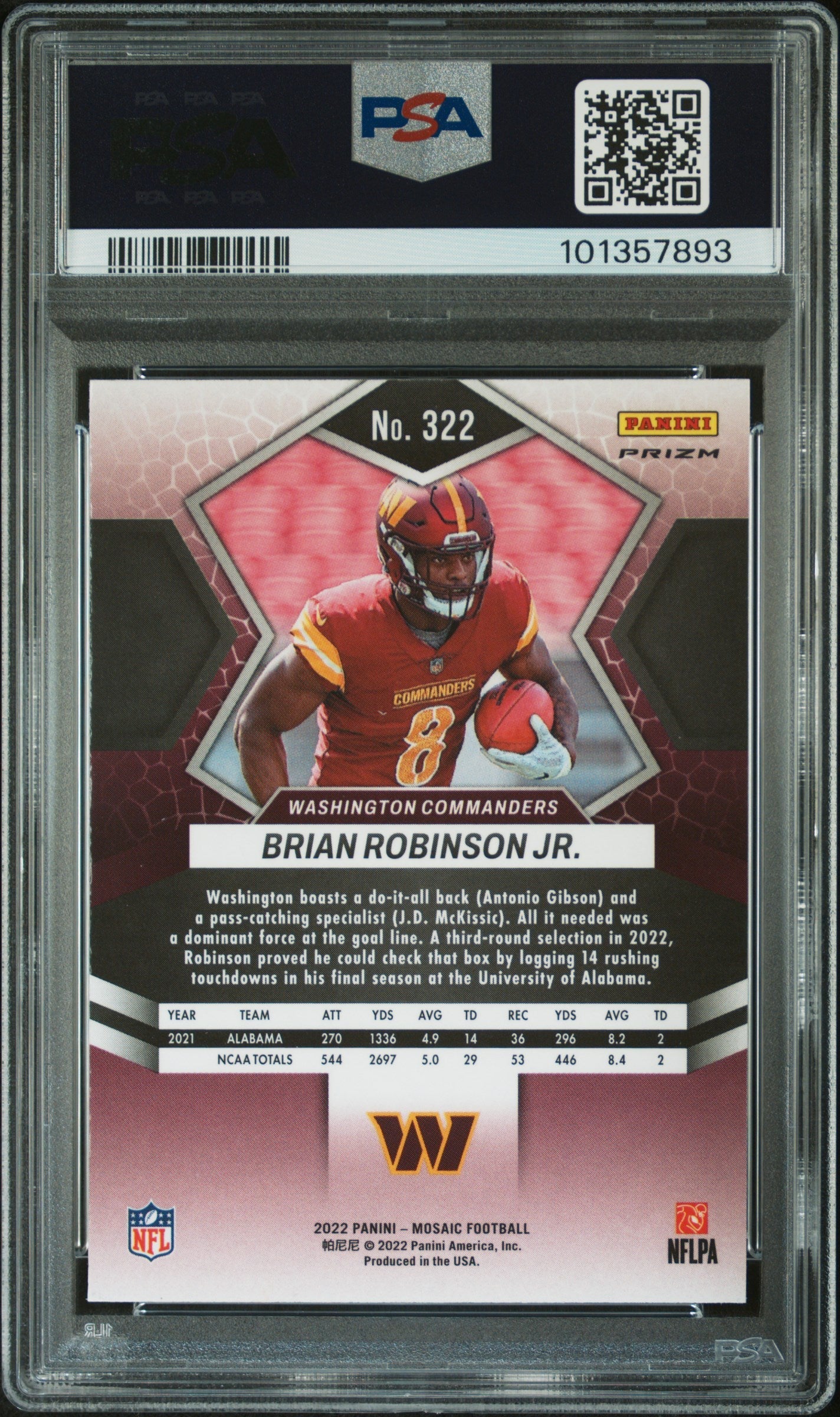2022 Panini Mosaic Brian Robinson JR. Honeycomb #322 PSA 10 - Graded Sports Cards
