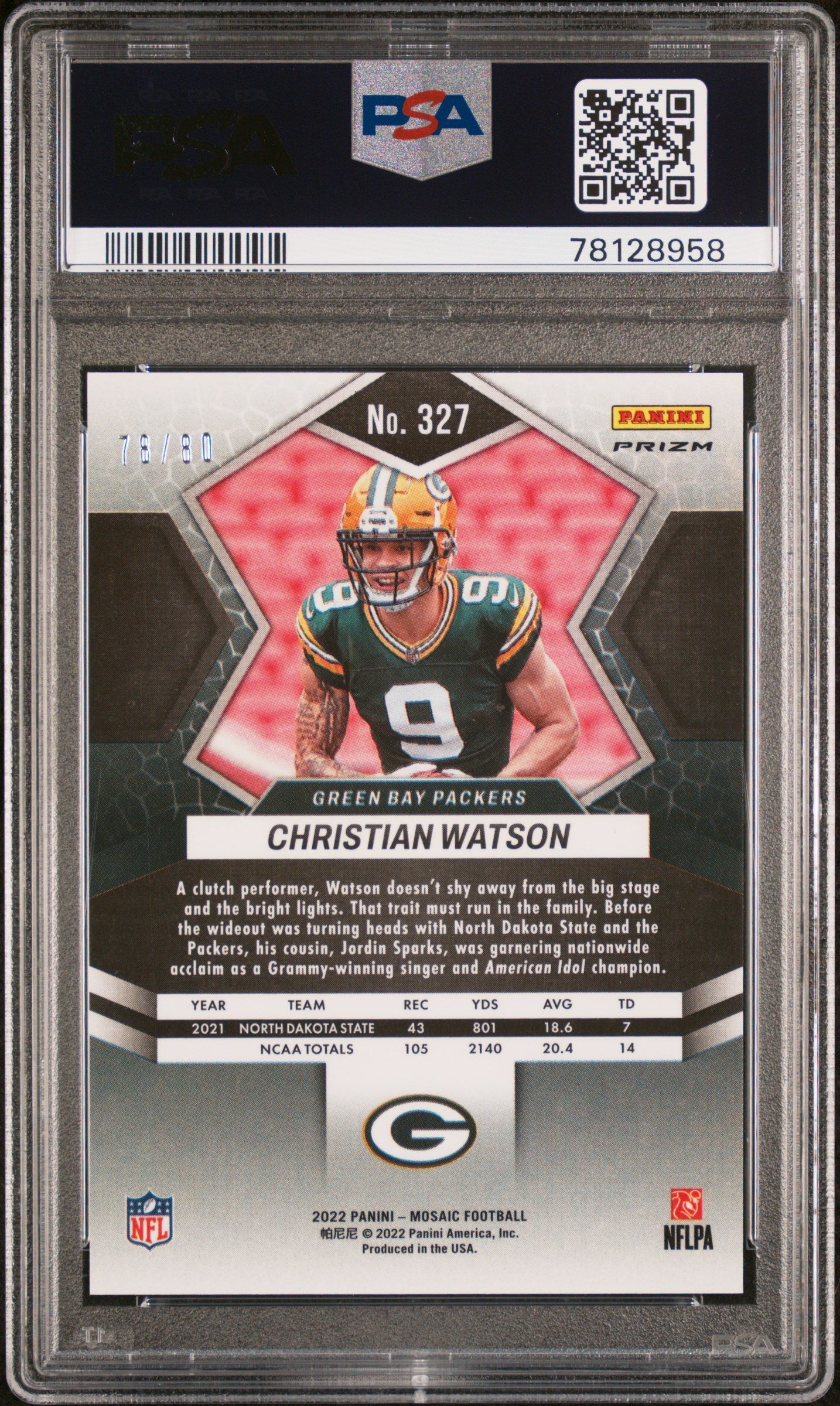 2022 Panini Mosaic Christian Watson Fusion Red Yellow Choice #327 PSA 10 /80 - Graded Sports Cards