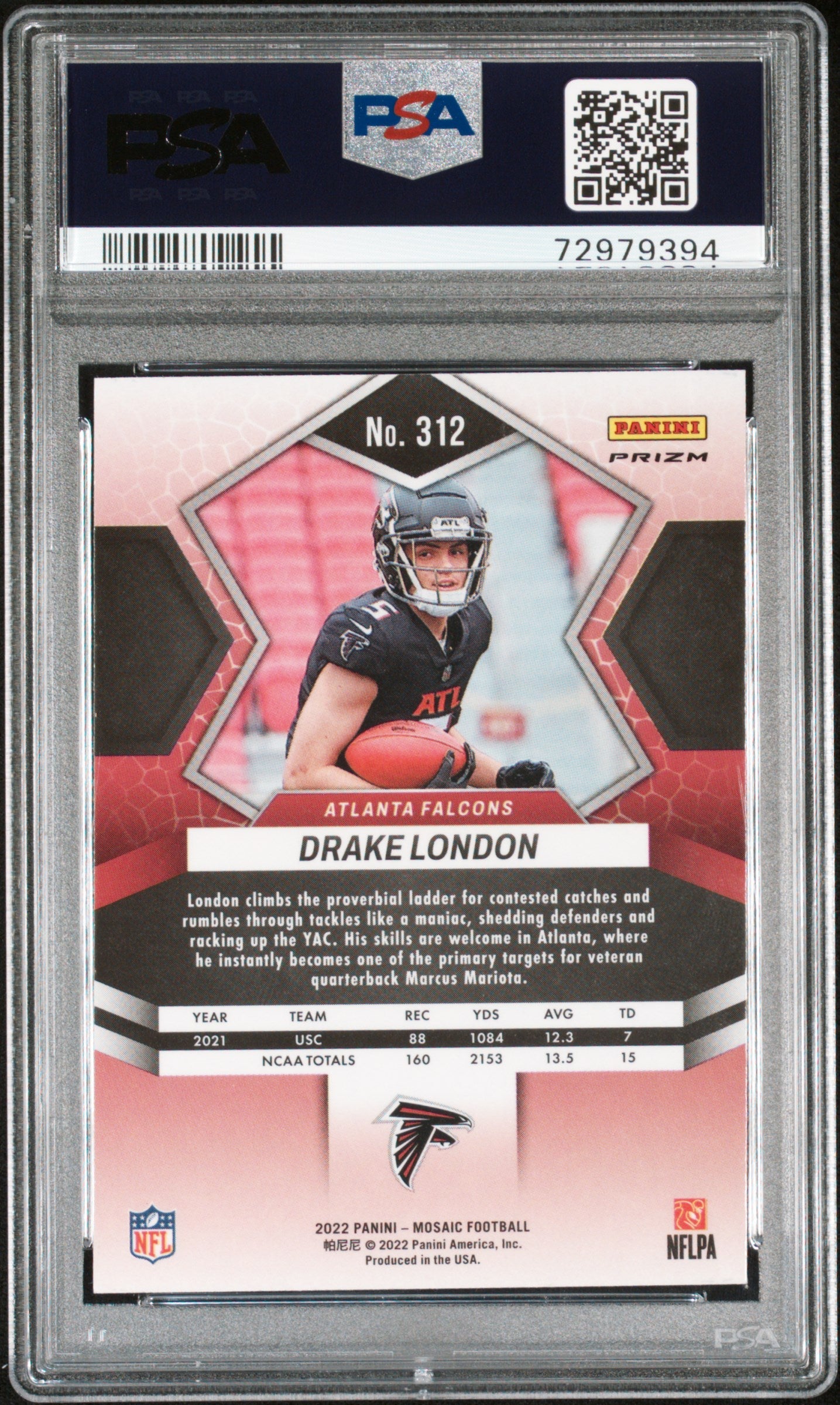 2022 Panini Mosaic Drake London Reactive Orange Rookie #312 PSA 9 MINT Atlanta Falcons - Graded Sports Cards