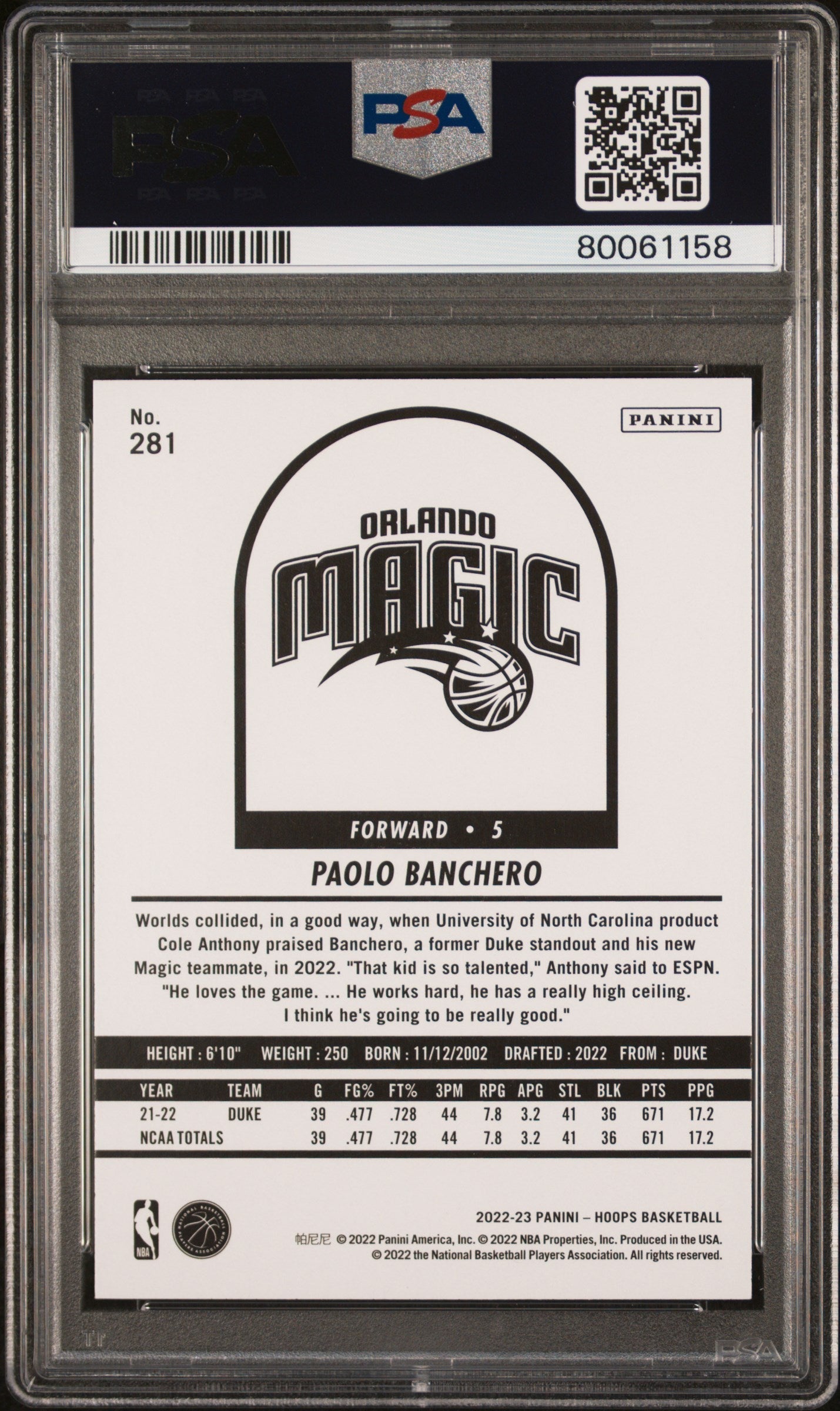 2022 Panini NBA Hoops Paolo Banchero #281 PSA 10 - Graded Sports Cards