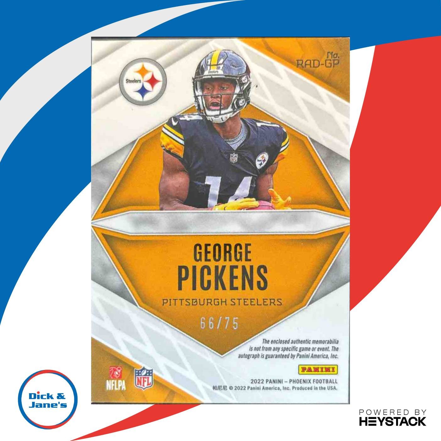 2022 Panini Phoenix George Pickens RPS Rookie Auto Dual Jersey /75 Steelers - Sports Cards
