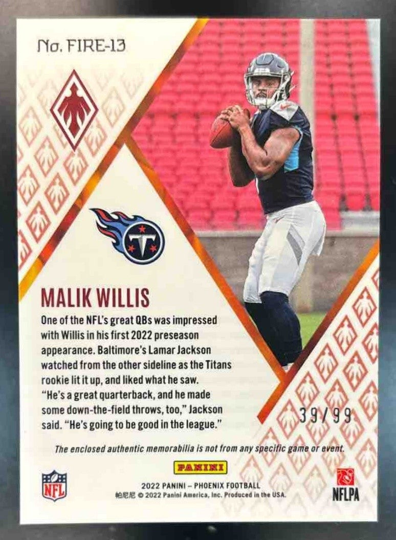 2022 Panini Phoenix Malik Willis Fire Fabrics /99 #FIRE-13 RC Tennessee Titans - Sports Cards