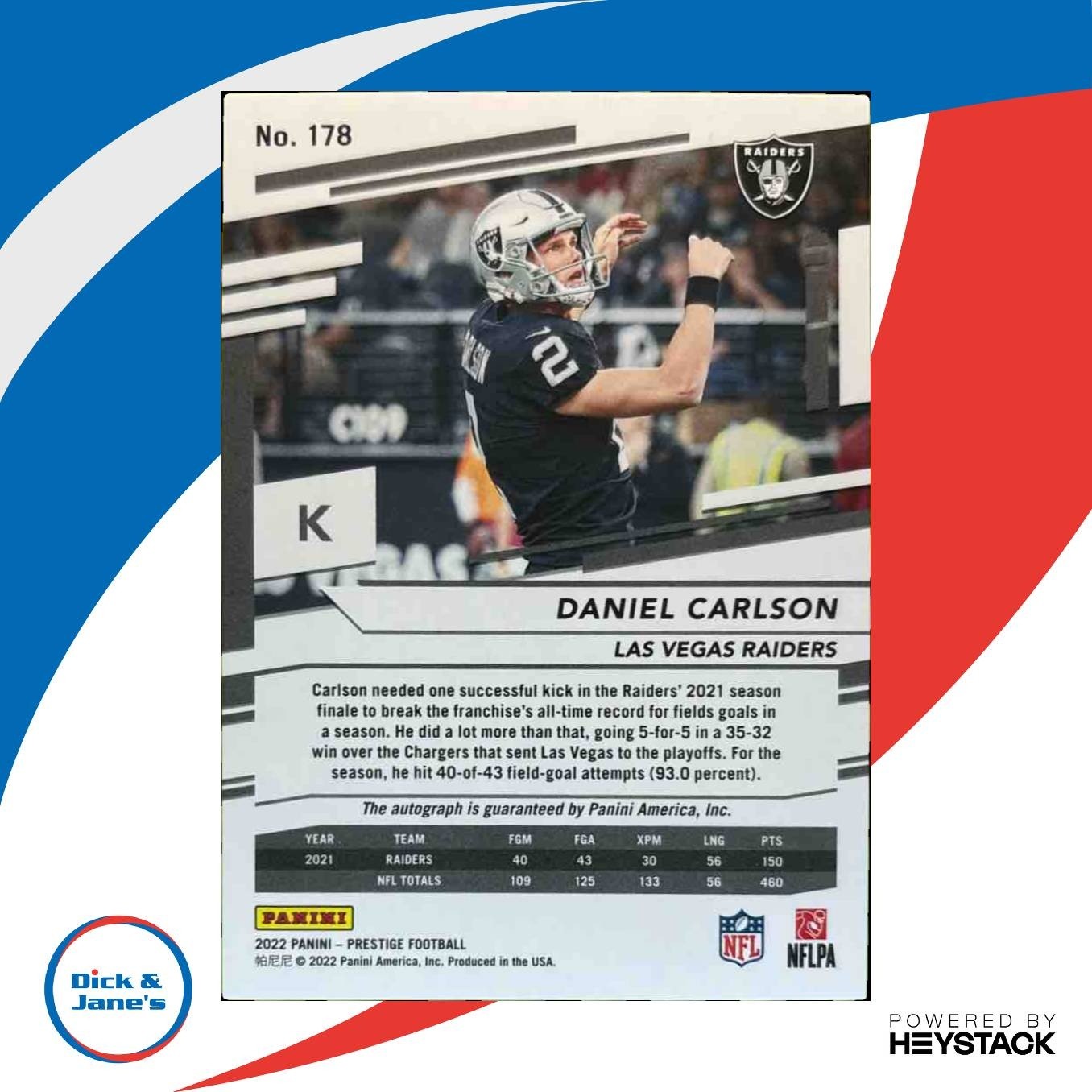 2022 Panini Prestige Daniel Carlson Xtra Points Signatures Auto Raiders - Sports Cards