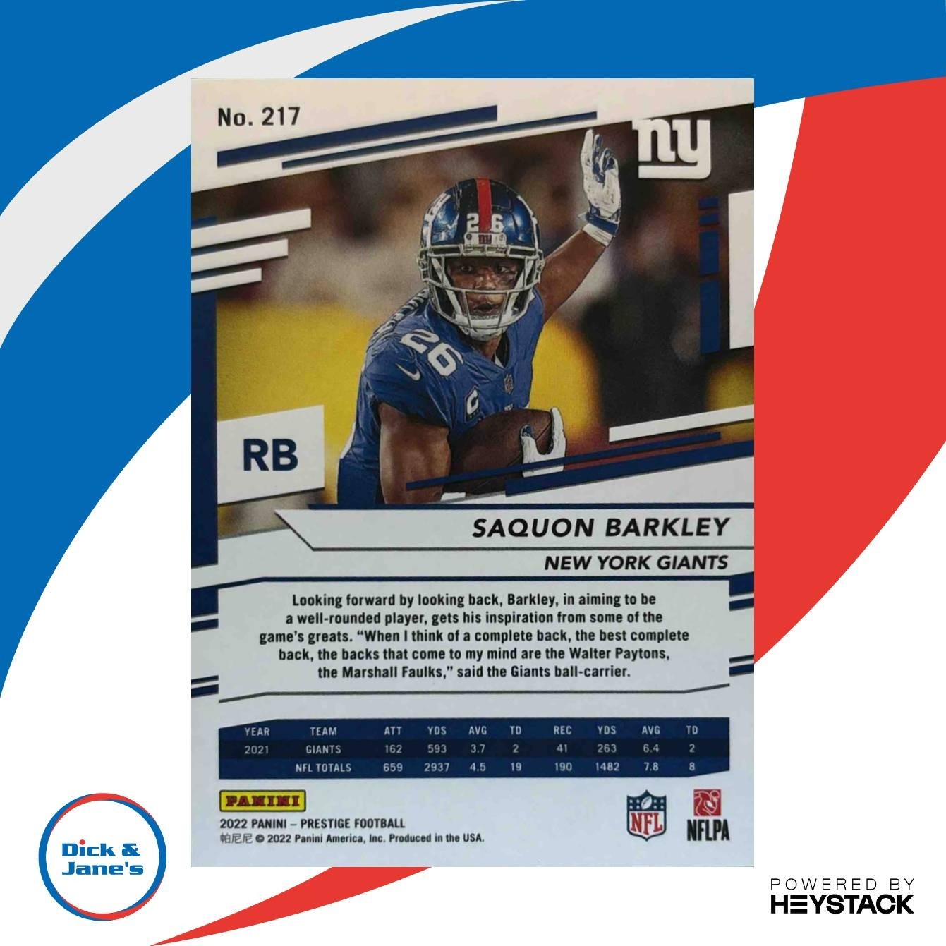 2022 Panini Prestige Saquon Barkley Xtra Points Platinum /25 #217 New York Giant - Sports Cards