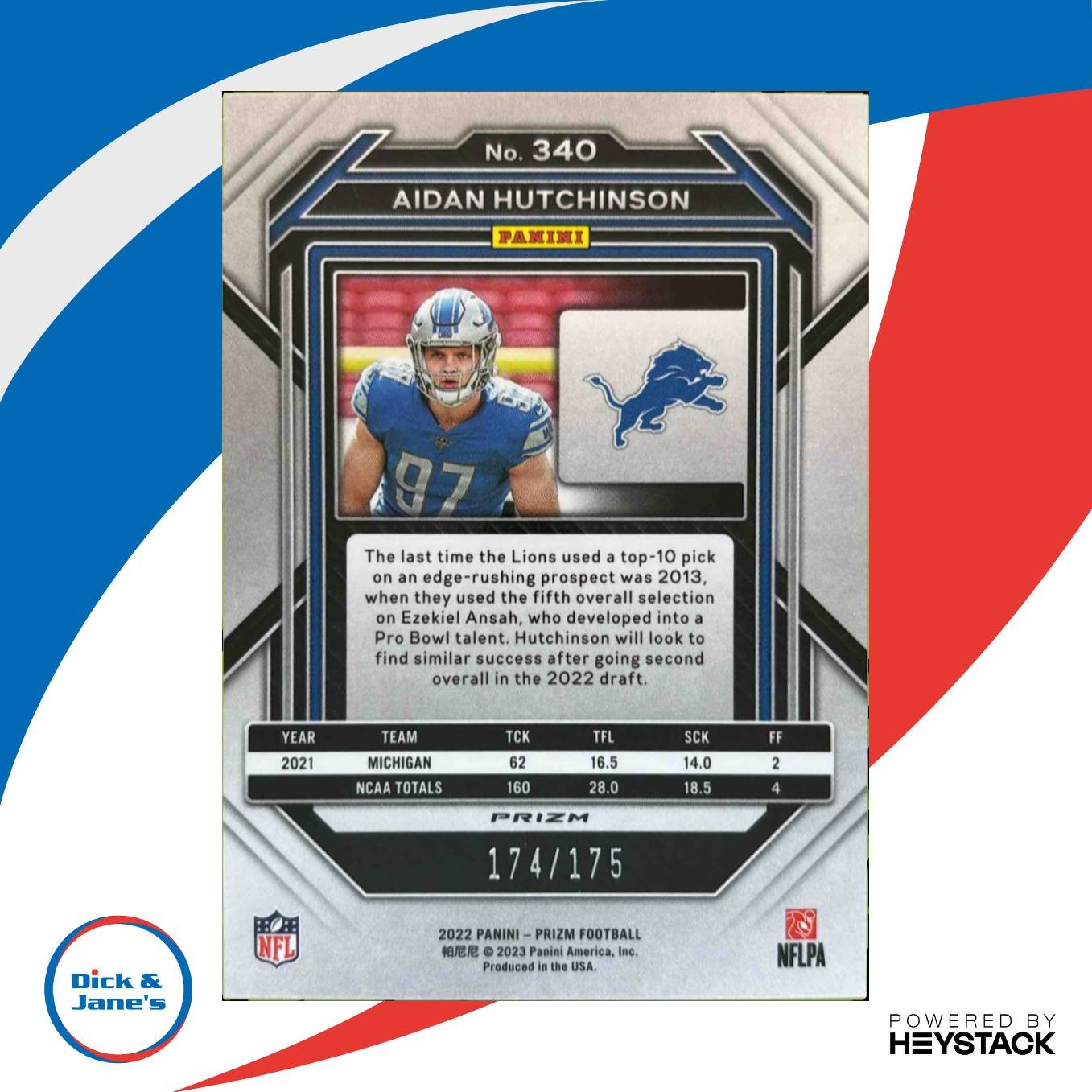 2022 Panini Prizm Aidan Hutchinson Hyper 174/175 #340 RC Detroit Lions - Sports Cards