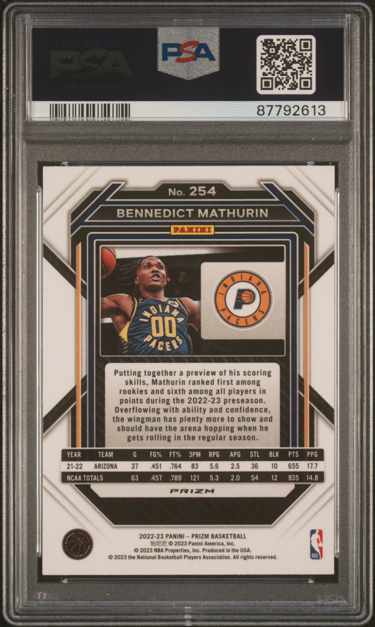 2022 Panini Prizm Bennedict Mathurin Ice #254 PSA 10 - Graded Sports Cards