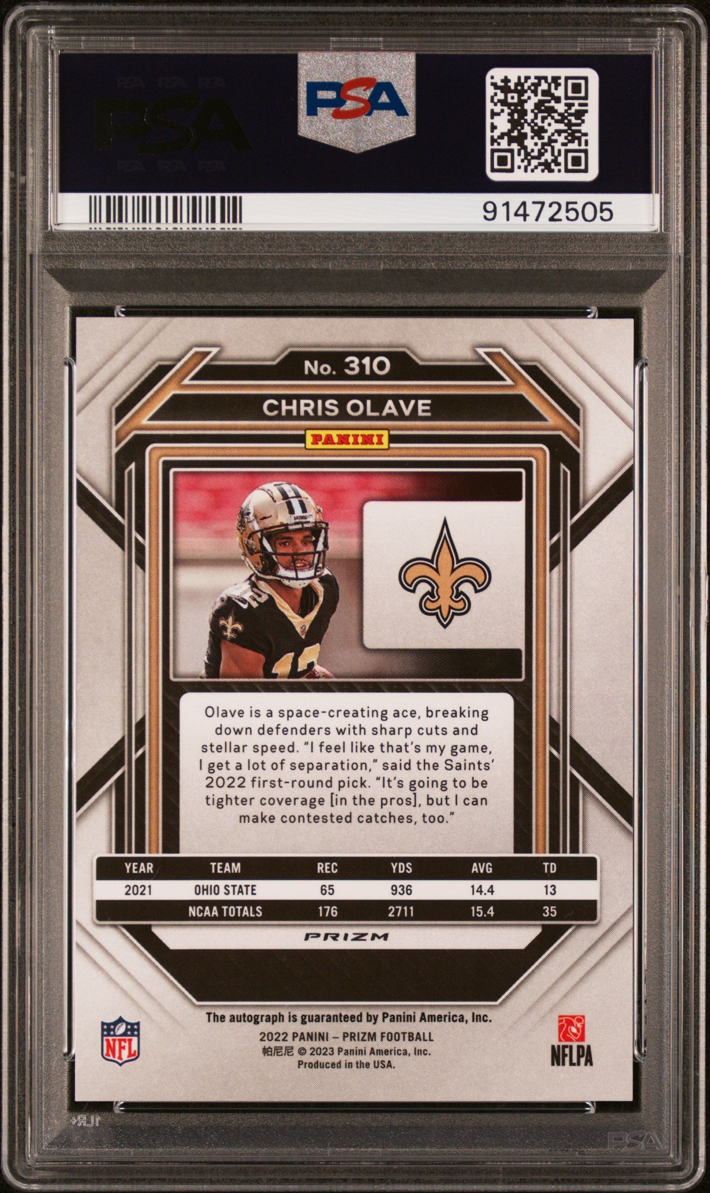 2022 Panini Prizm Chris Olave Autograph #310 PSA 9 Rookie - Graded Sports Cards