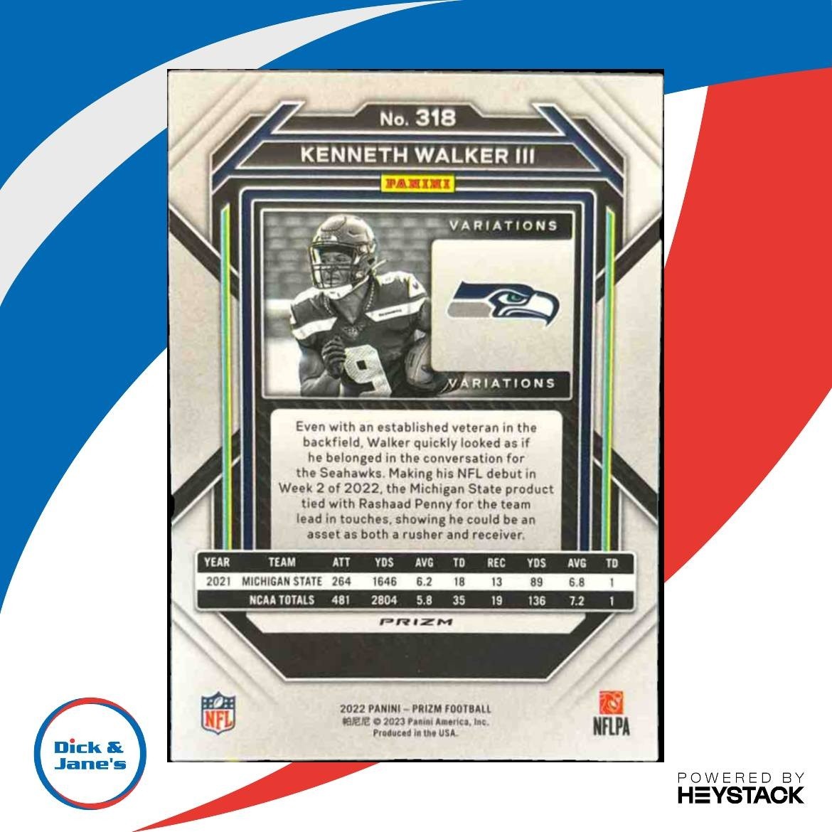 2022 Panini Prizm Kenneth Walker III Silver #318b RC Seattle Seahawks VARIATION - Sports Cards