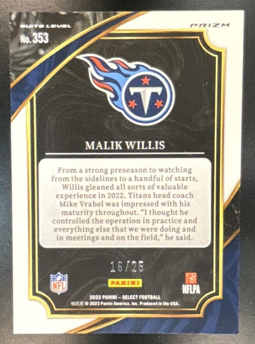 2022 Panini Select Malik Willis Tie Dye Prizm /25 #353 RC Suite Tennessee Titans - Sports Cards