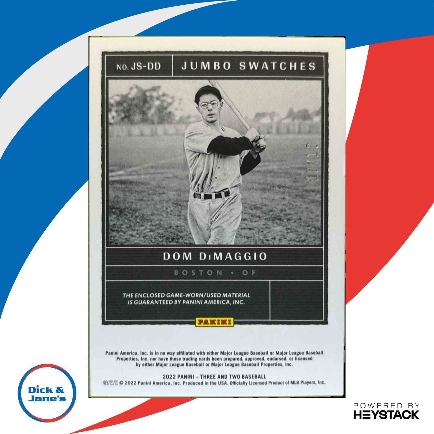 2022 Panini Three and Two Dom DiMaggio Jumbo Swatches Holo Silver 10/10 Game Bat - Sports Cards