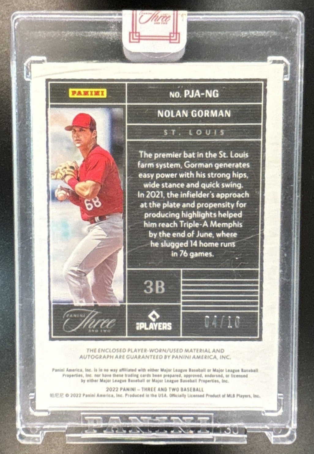 2022 Panini Three and Two Nolan Gorman Prospect Jersey Auto Holo Gold /10 - Sports Cards