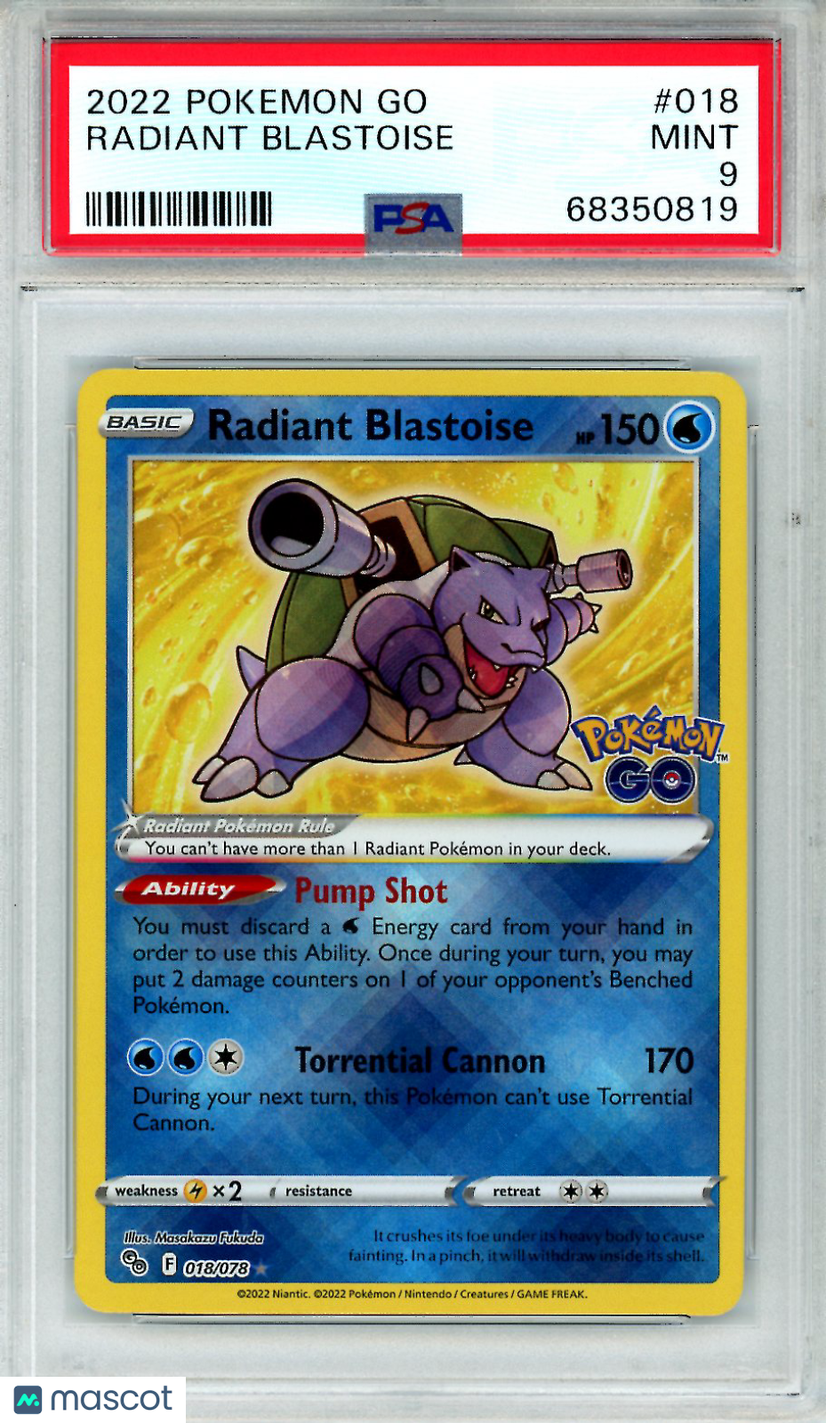 2022 Pokemon Go Radiant Blastoise #018 PSA 9 MINT - Graded TCG/CCG
