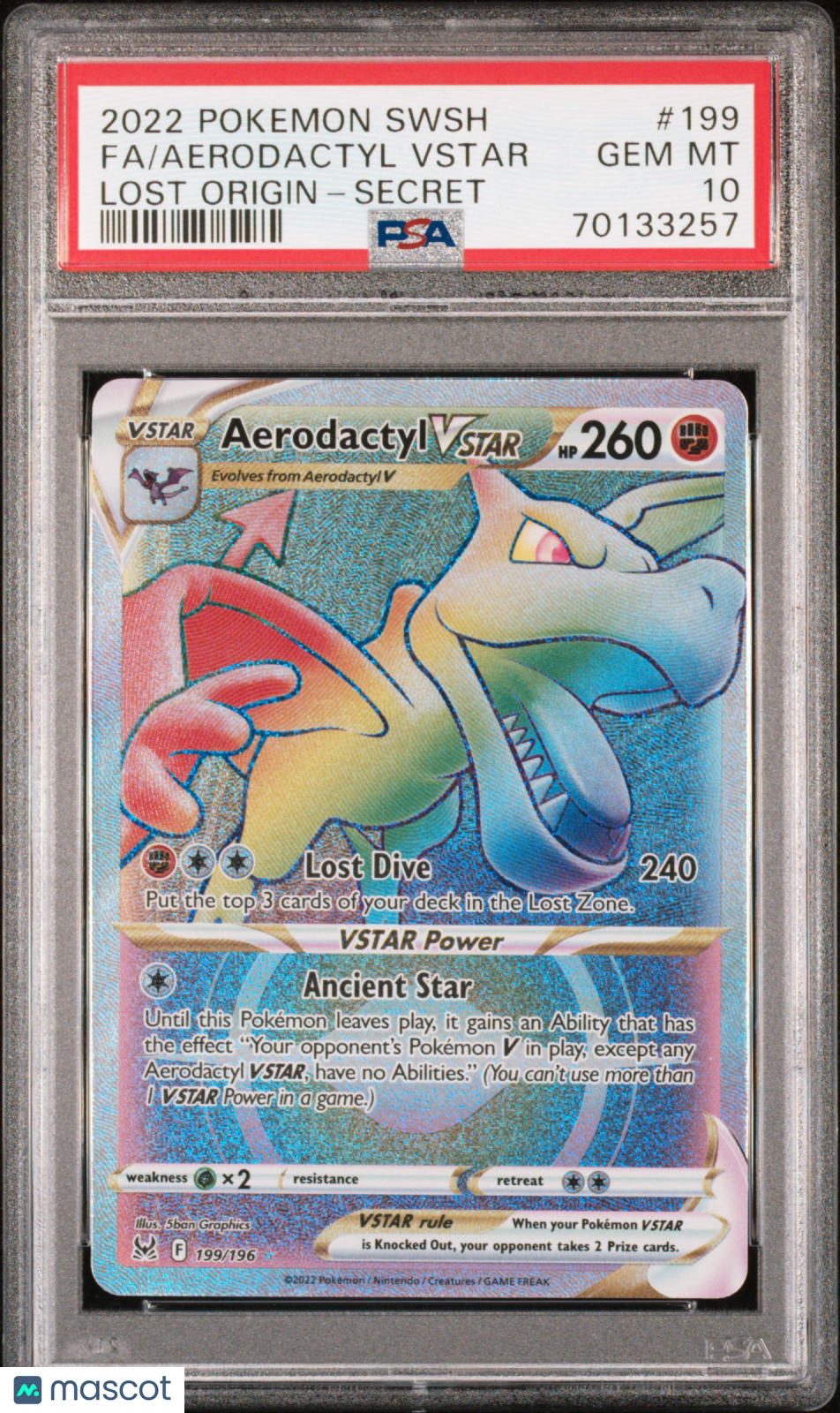 2022 Pokemon SWSH Lost Origin Aerodactyl VSTAR #199 FA Secret PSA 10 GEM MINT - Graded TCG/CCG