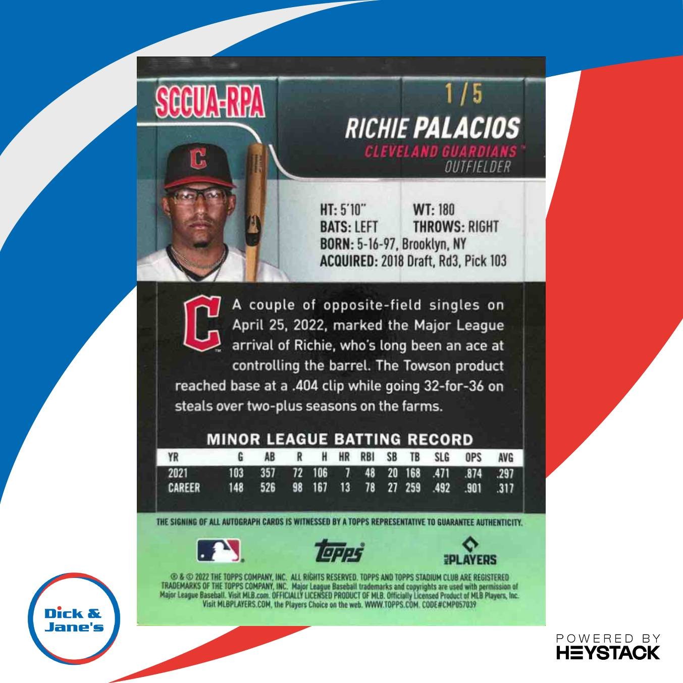 2022 Stadium Club Chrome Richie Palacios Auto Shimmer Refractor 1/5 RC Guardians - Sports Cards
