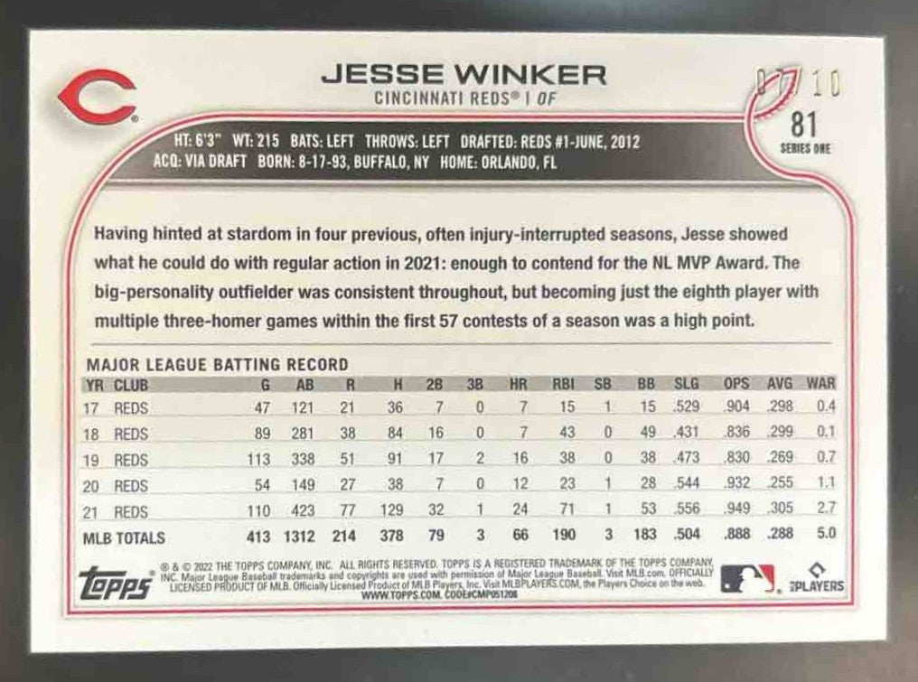 2022 Topps 1st Edition Jesse Winker Hot Pink Foil /10 #81 Cincinnati Reds - Sports Cards