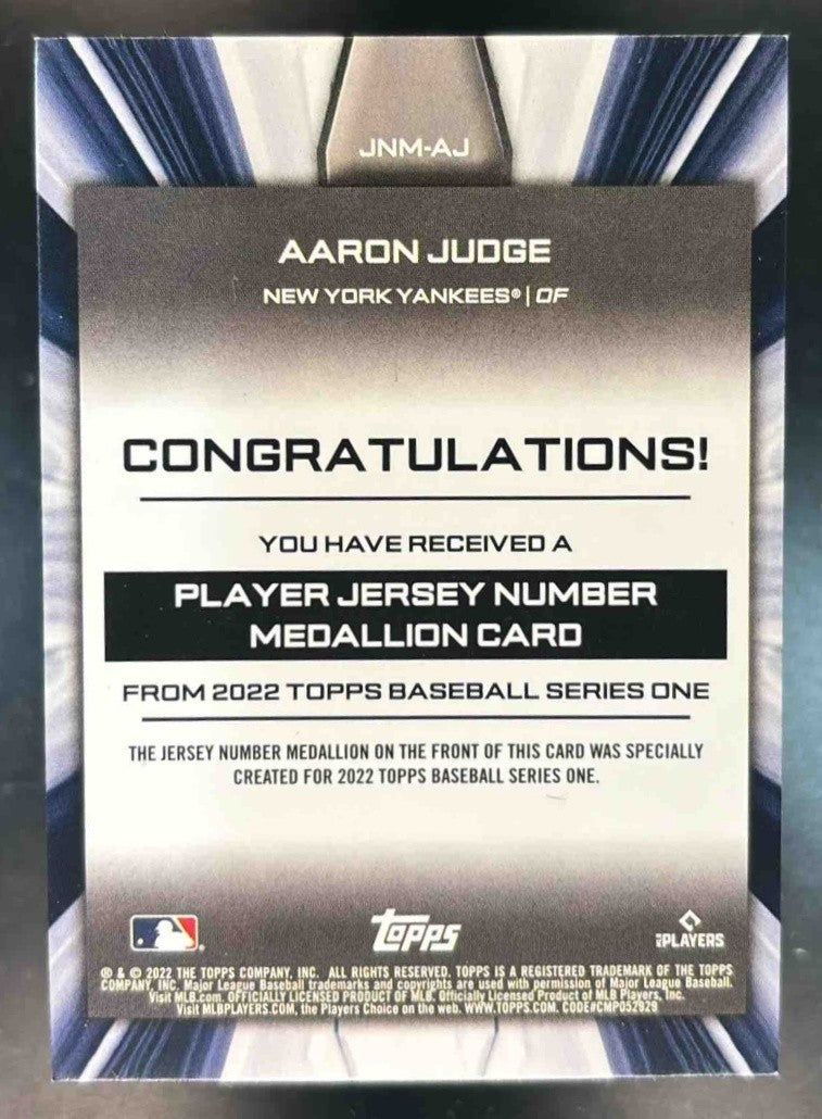 2022 Topps Aaron Judge Player Jersey Number Relics #JNM-AJ New York Yankees - Sports Cards