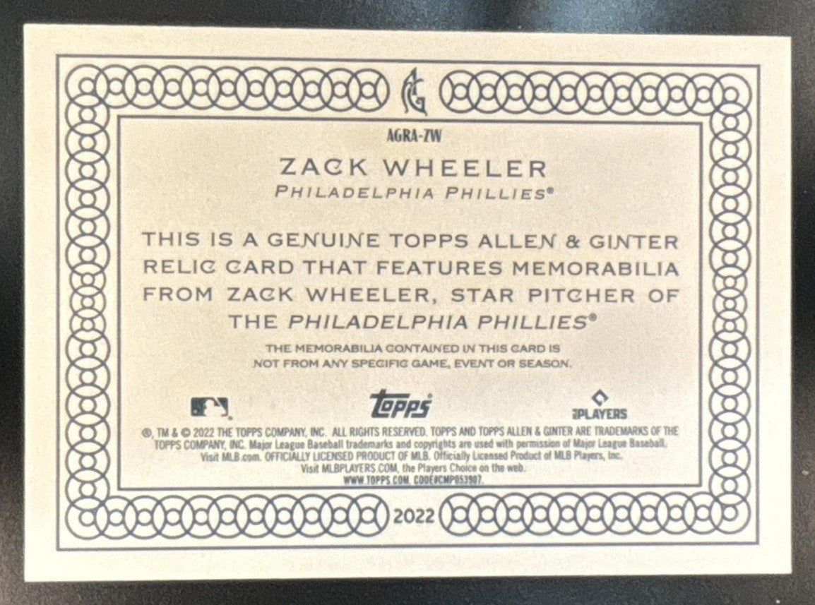 2022 Topps Allen & Ginter Zack Wheeler Relics MEM Philadelphia Phillies - Sports Cards