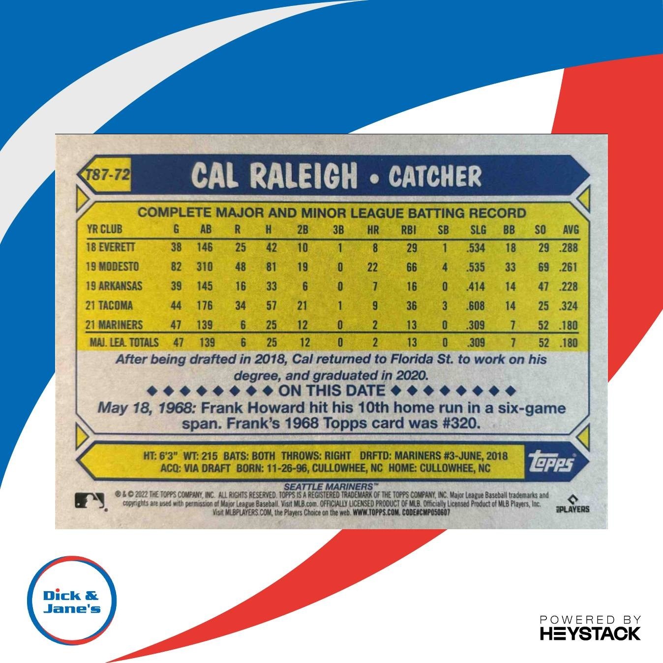 2022 Topps Cal Raleigh 1987 Baseball 35th Anniversary Series One RC Mariners - Sports Cards