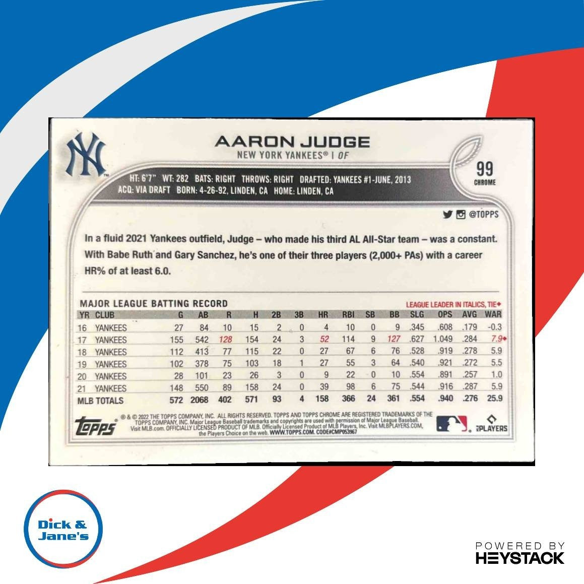 2022 Topps Chrome Aaron Judge #99 New York Yankees - Sports Cards