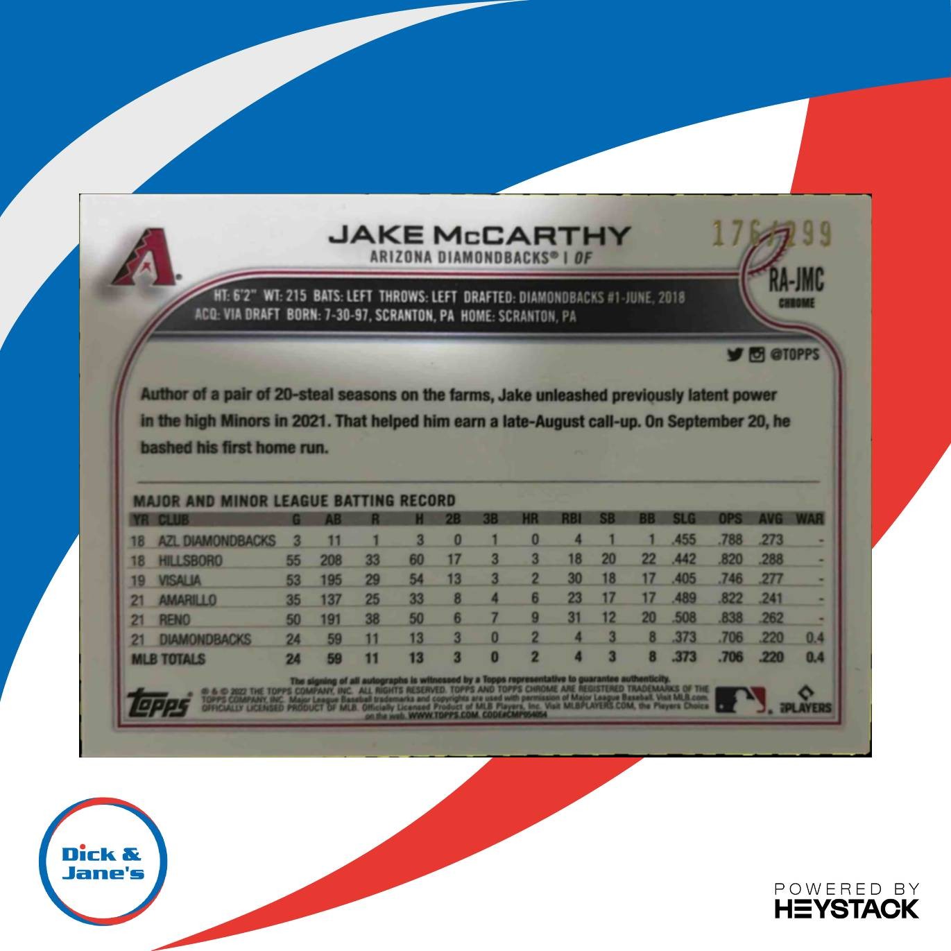 2022 Topps Chrome Jake McCarthy Rookie Auto Purple Speckle Refractor 176/299 - Sports Cards