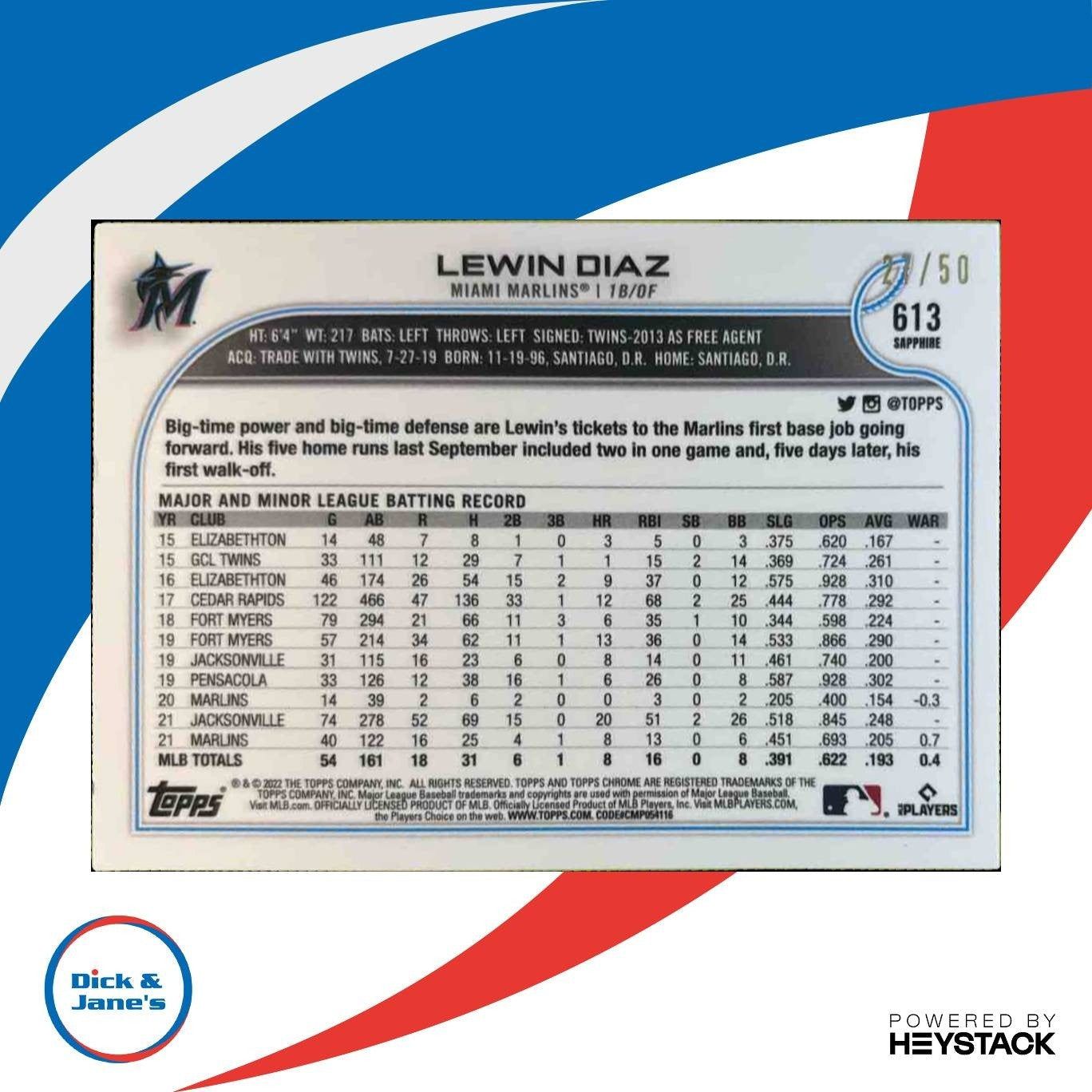 2022 Topps Chrome Sapphire Lewin Diaz Gold 17/50 #613 Miami Marlins - Sports Cards