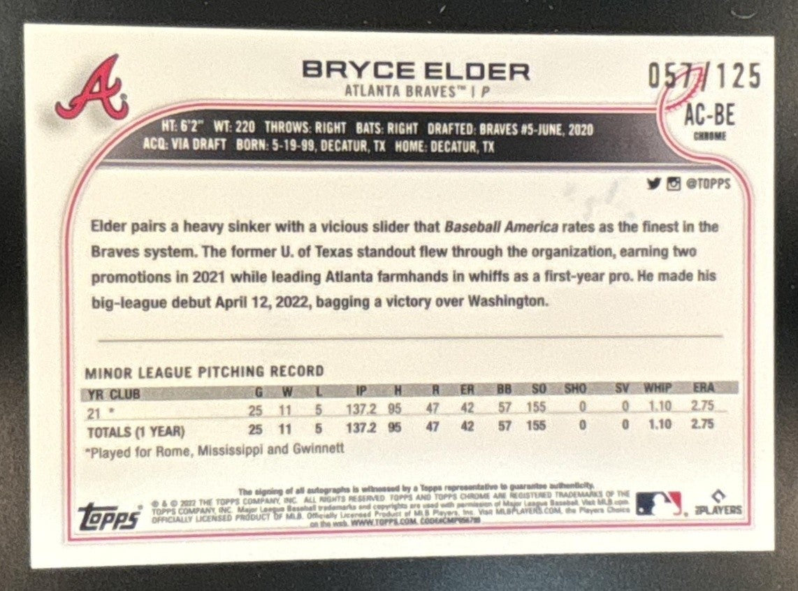 2022 Topps Chrome Update Bryce Elder Auto X-Fractor /125 RC Atlanta Braves - Sports Cards