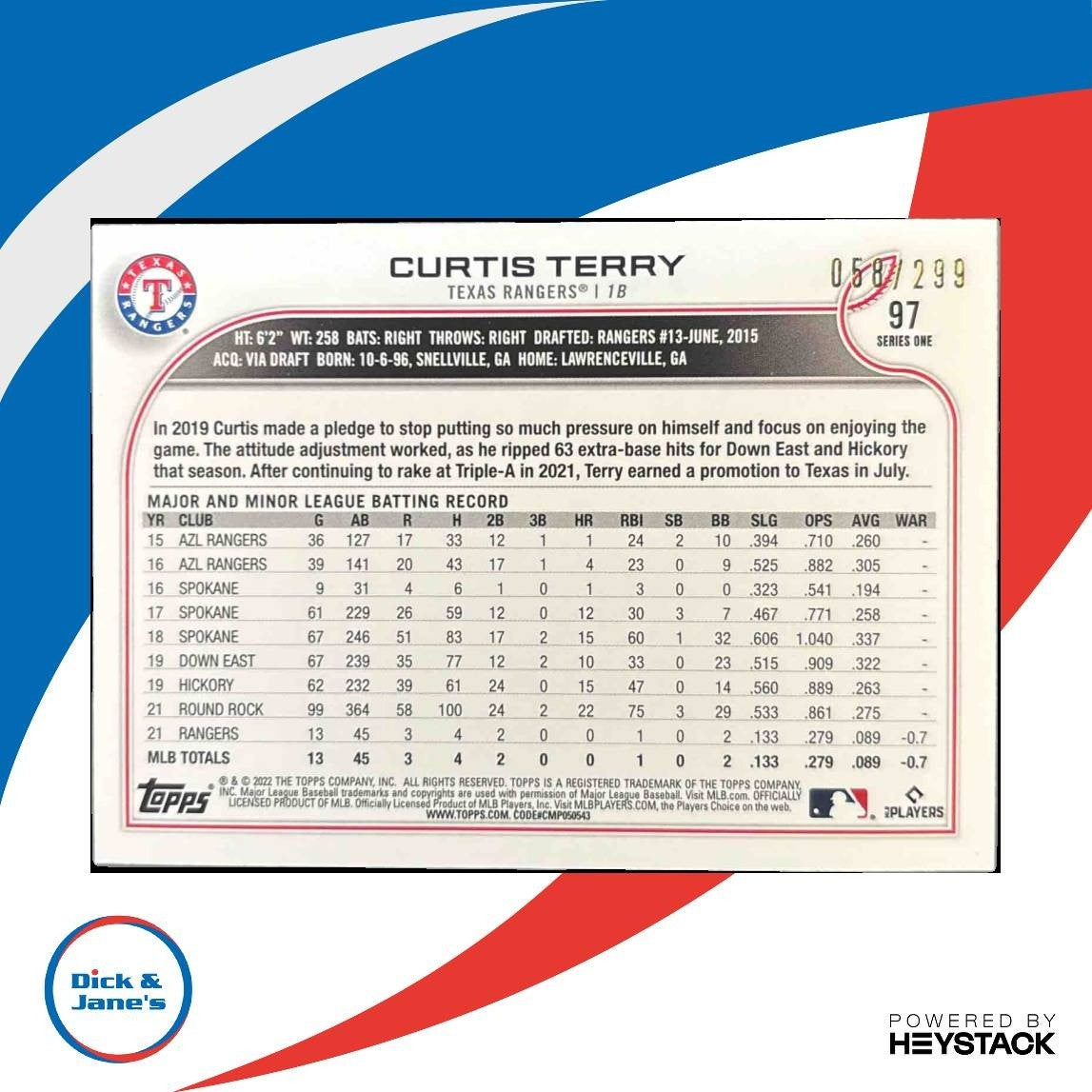 2022 Topps Curtis Terry Orange Foilboard /299 #97 RC Texas Rangers - Sports Cards