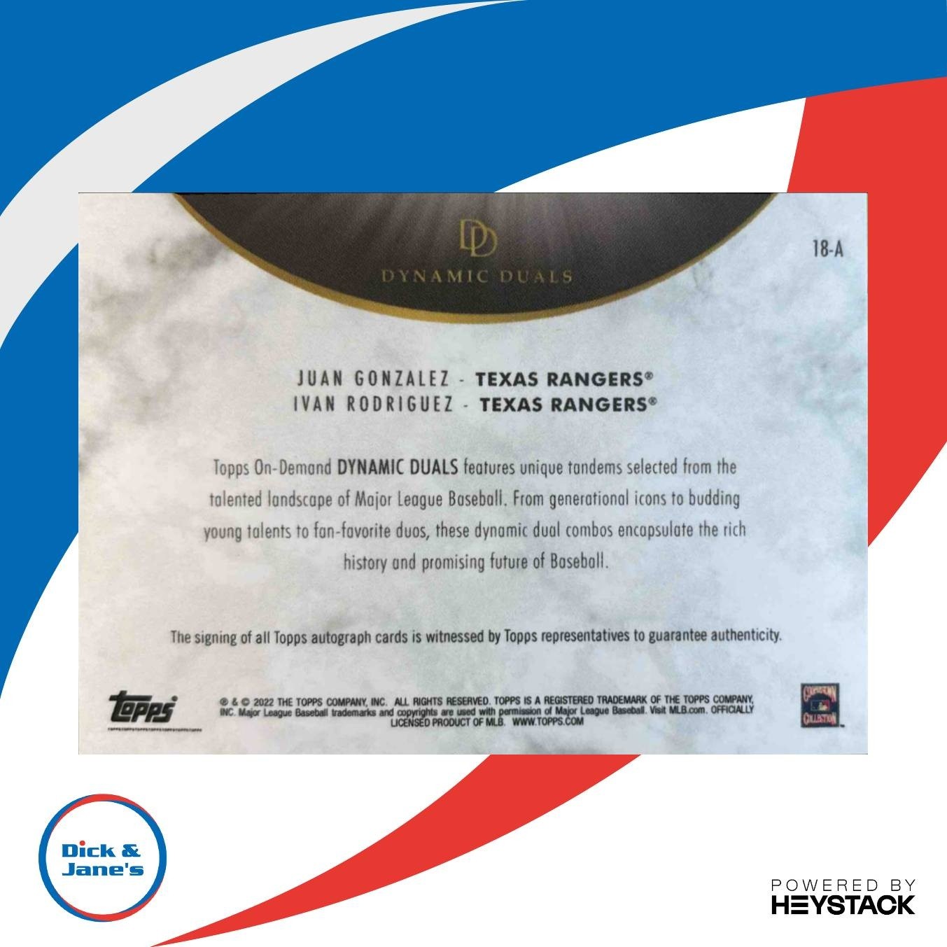 2022 Topps Dynamic Duals Ivan Rodriguez Juan Gonzalez #18-A Auto Texas Rangers - Sports Cards