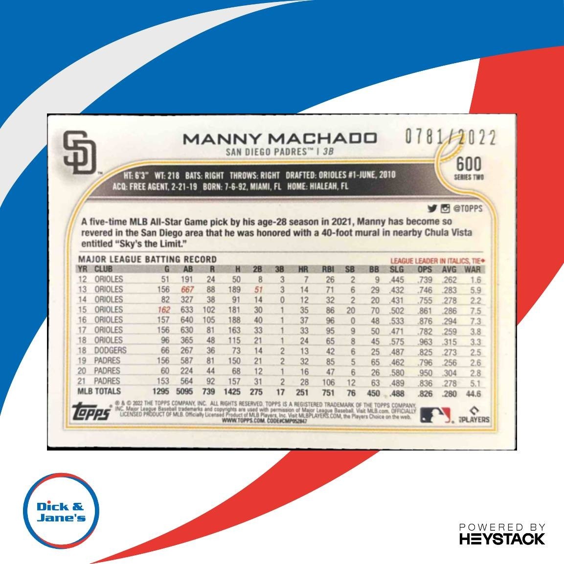 2022 Topps Manny Machado Gold /2022 #600 San Diego Padres - Sports Cards