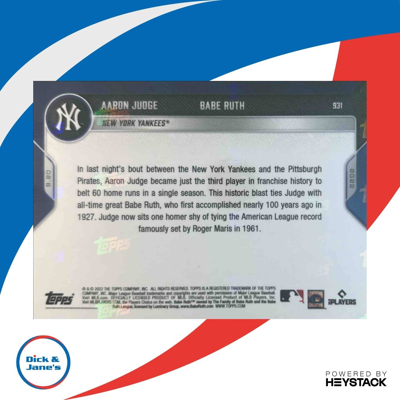 2022 Topps Now Aaron Judge Babe Ruth #931 New York Yankees - Sports Cards