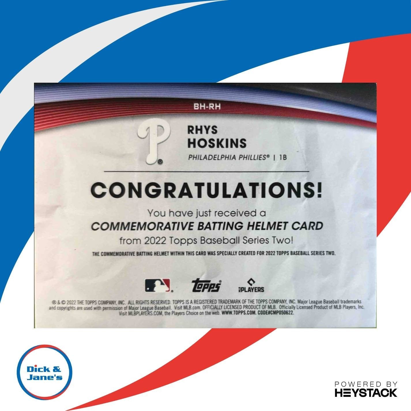 2022 Topps Rhys Hoskins Batting Helmet Commemorative Relic Philadelphia Phillies - Sports Cards