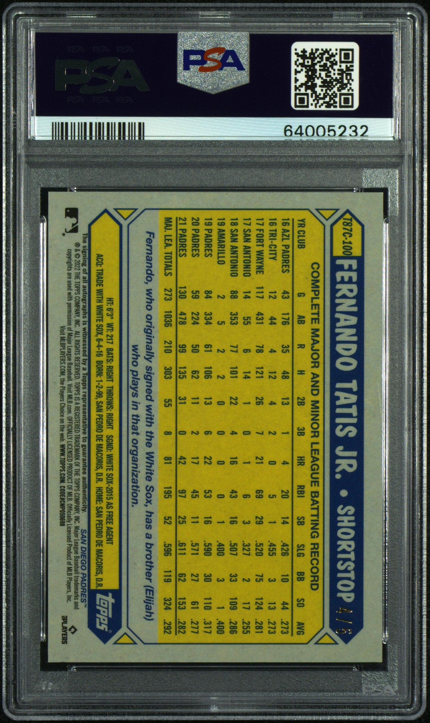 2022 Topps Silver Pack 1987 Chrome Promo Fernando Tatis JR. Auto Red /5 PSA 9 - Graded Sports Cards